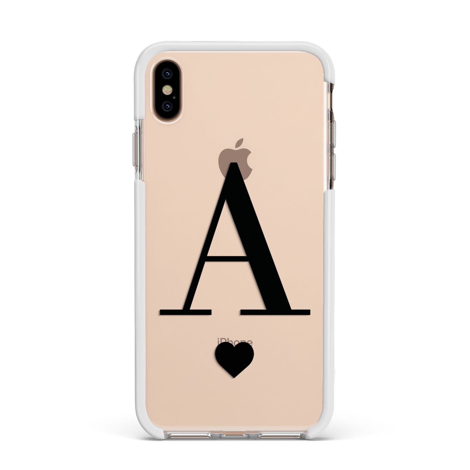 Personalised Black Big Initial Heart Clear Apple iPhone Xs Max Impact Case White Edge on Gold Phone