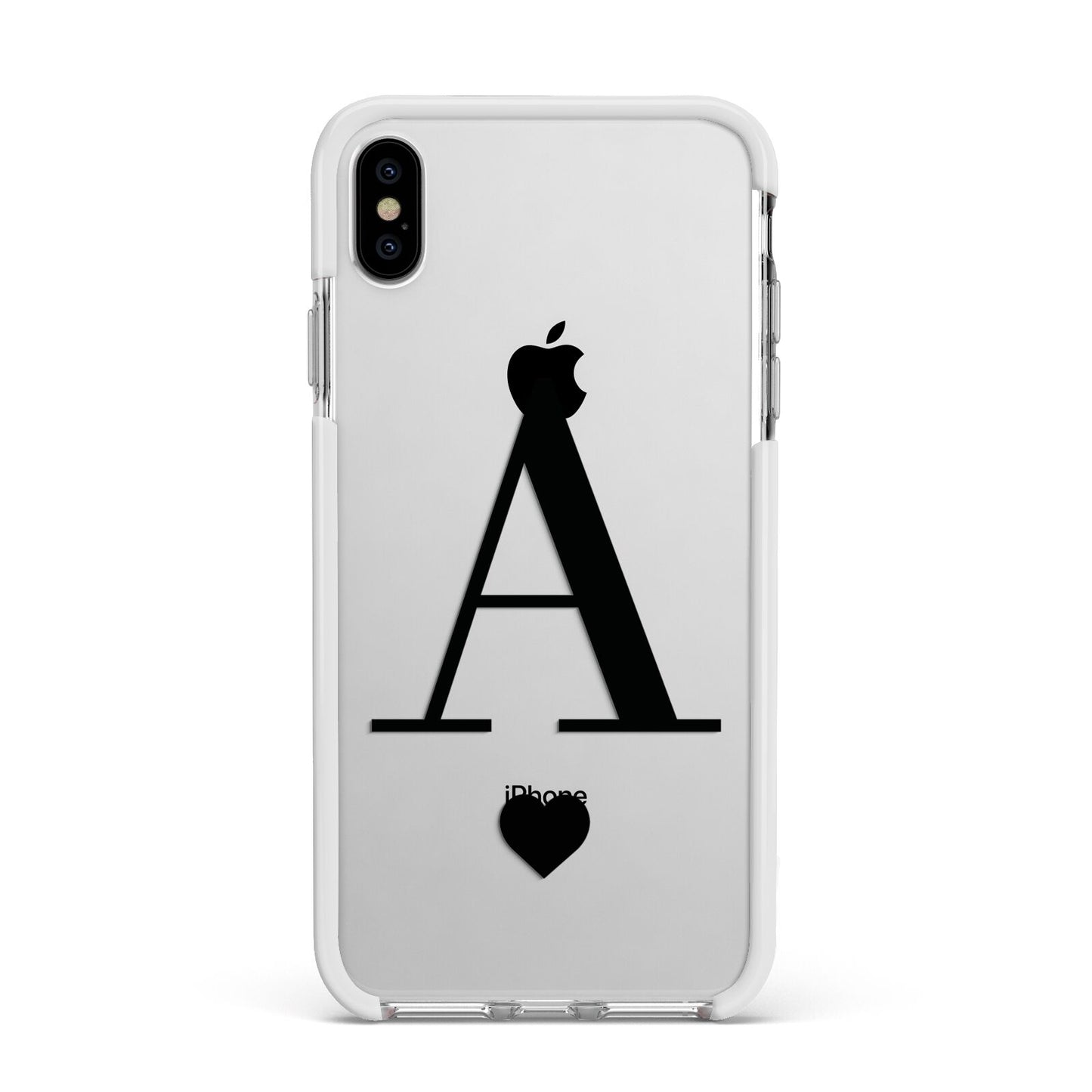 Personalised Black Big Initial Heart Clear Apple iPhone Xs Max Impact Case White Edge on Silver Phone