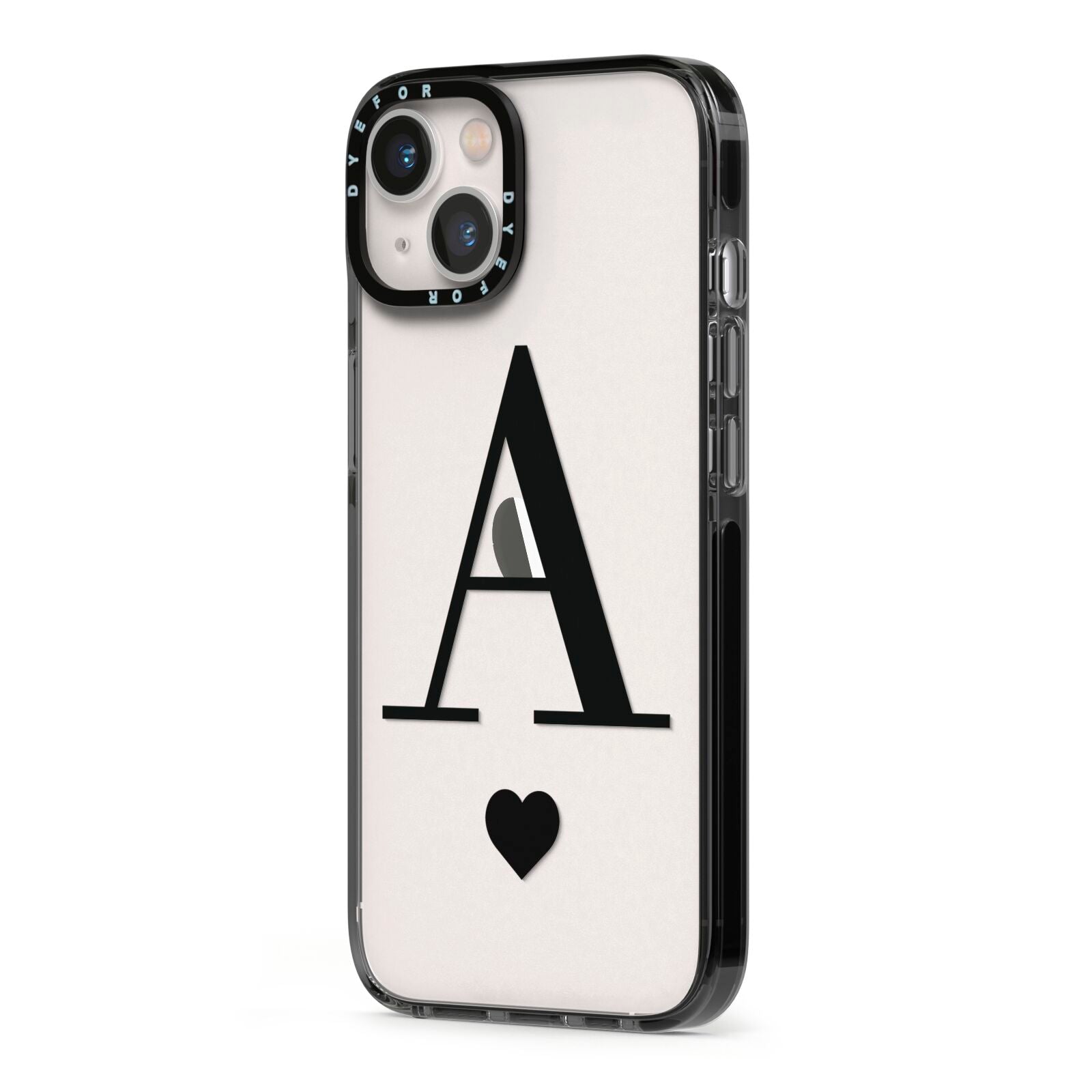 Personalised Black Big Initial Heart Clear iPhone 13 Black Impact Case Side Angle on Silver phone