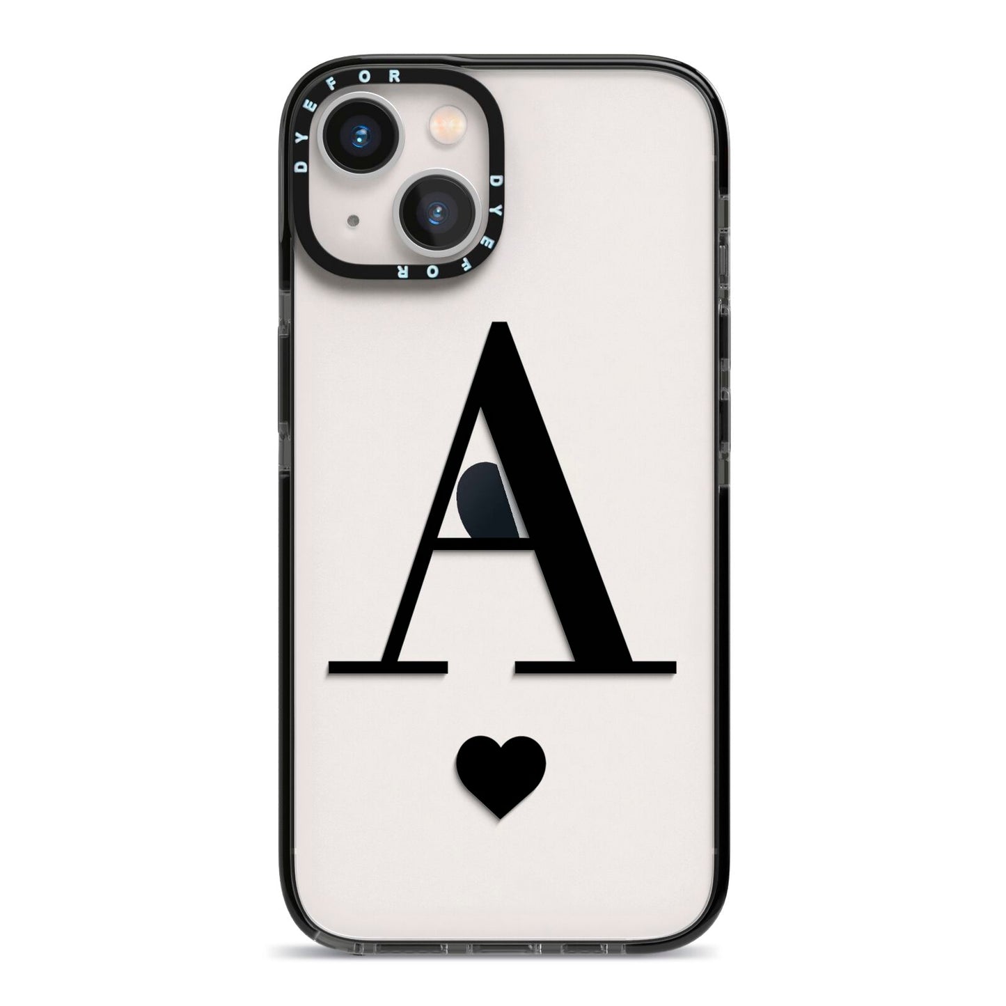 Personalised Black Big Initial Heart Clear iPhone 13 Black Impact Case on Silver phone