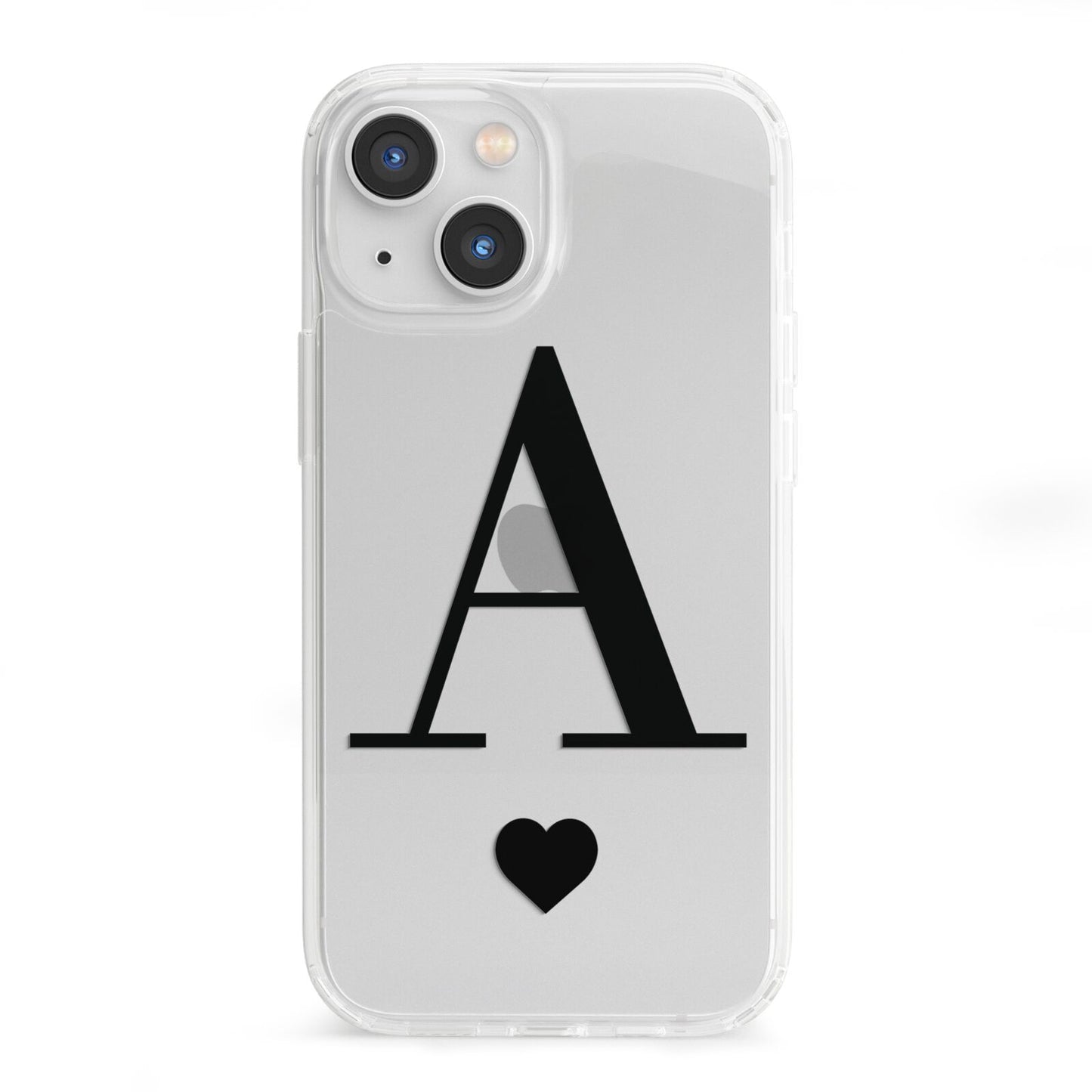 Personalised Black Big Initial Heart Clear iPhone 13 Mini Clear Bumper Case