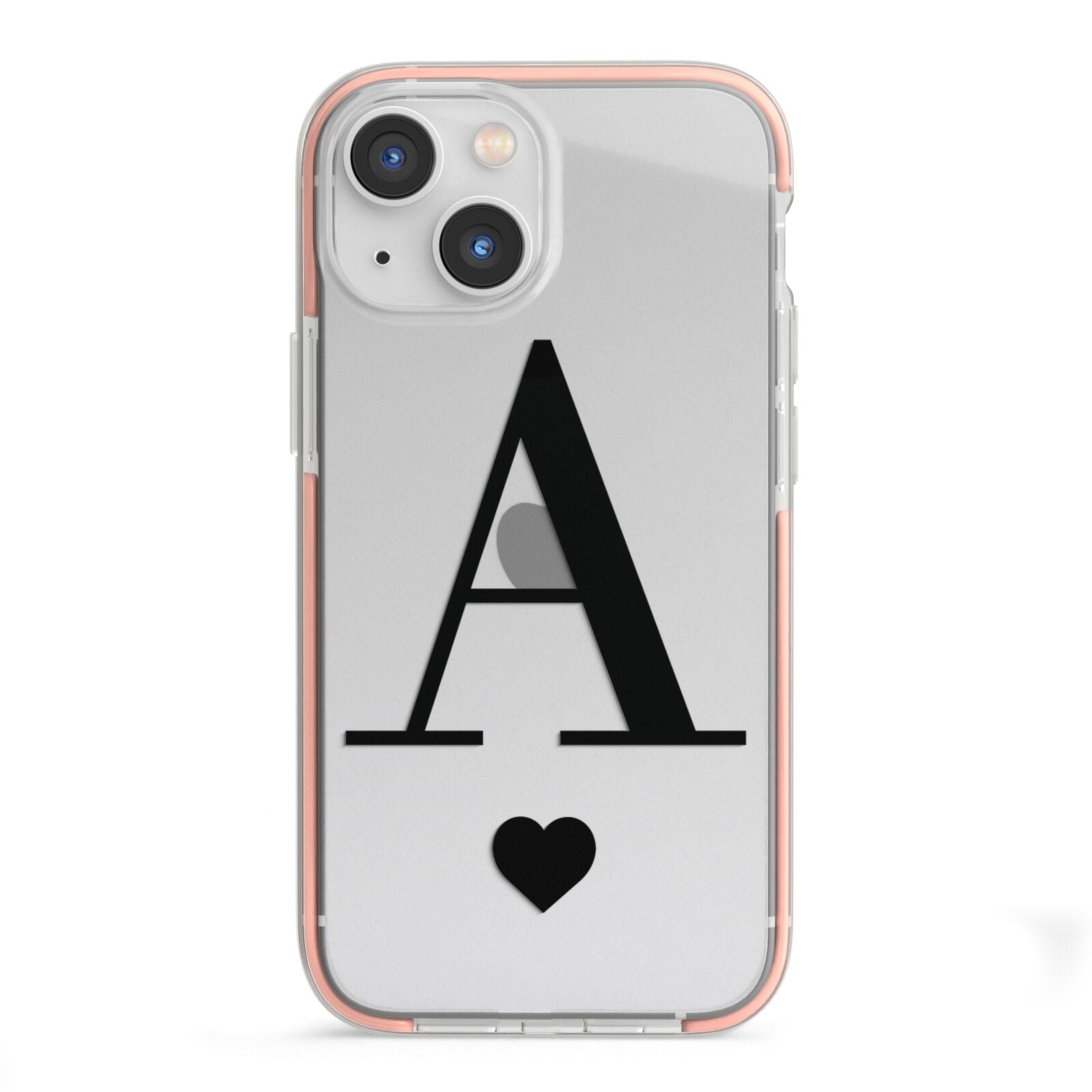 Personalised Black Big Initial Heart Clear iPhone 13 Mini TPU Impact Case with Pink Edges