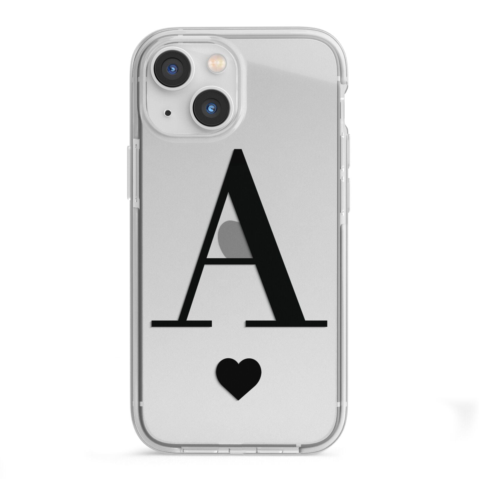 Personalised Black Big Initial Heart Clear iPhone 13 Mini TPU Impact Case with White Edges