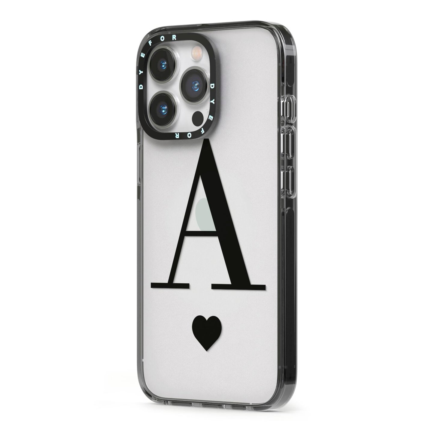 Personalised Black Big Initial Heart Clear iPhone 13 Pro Black Impact Case Side Angle on Silver phone