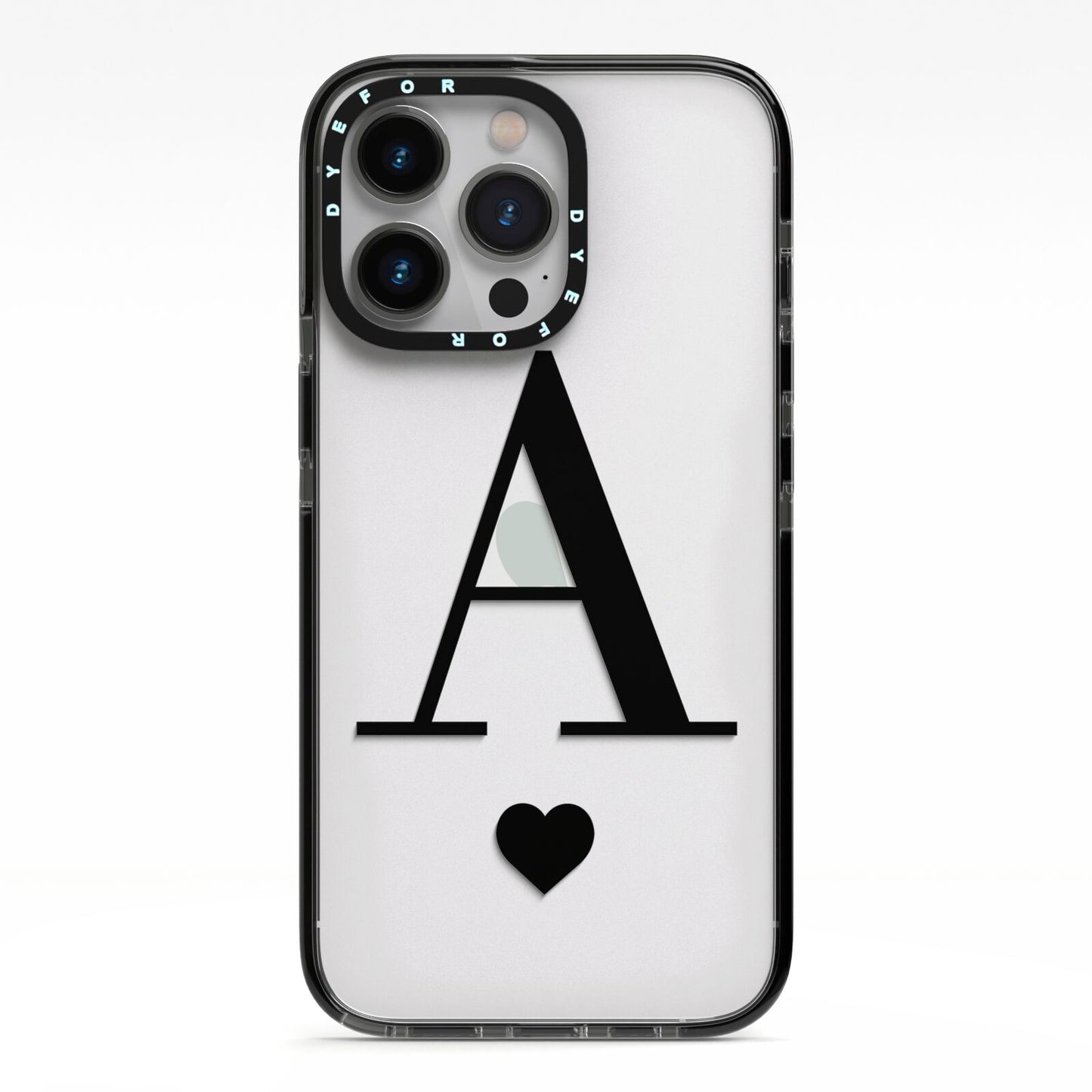 Personalised Black Big Initial Heart Clear iPhone 13 Pro Black Impact Case on Silver phone