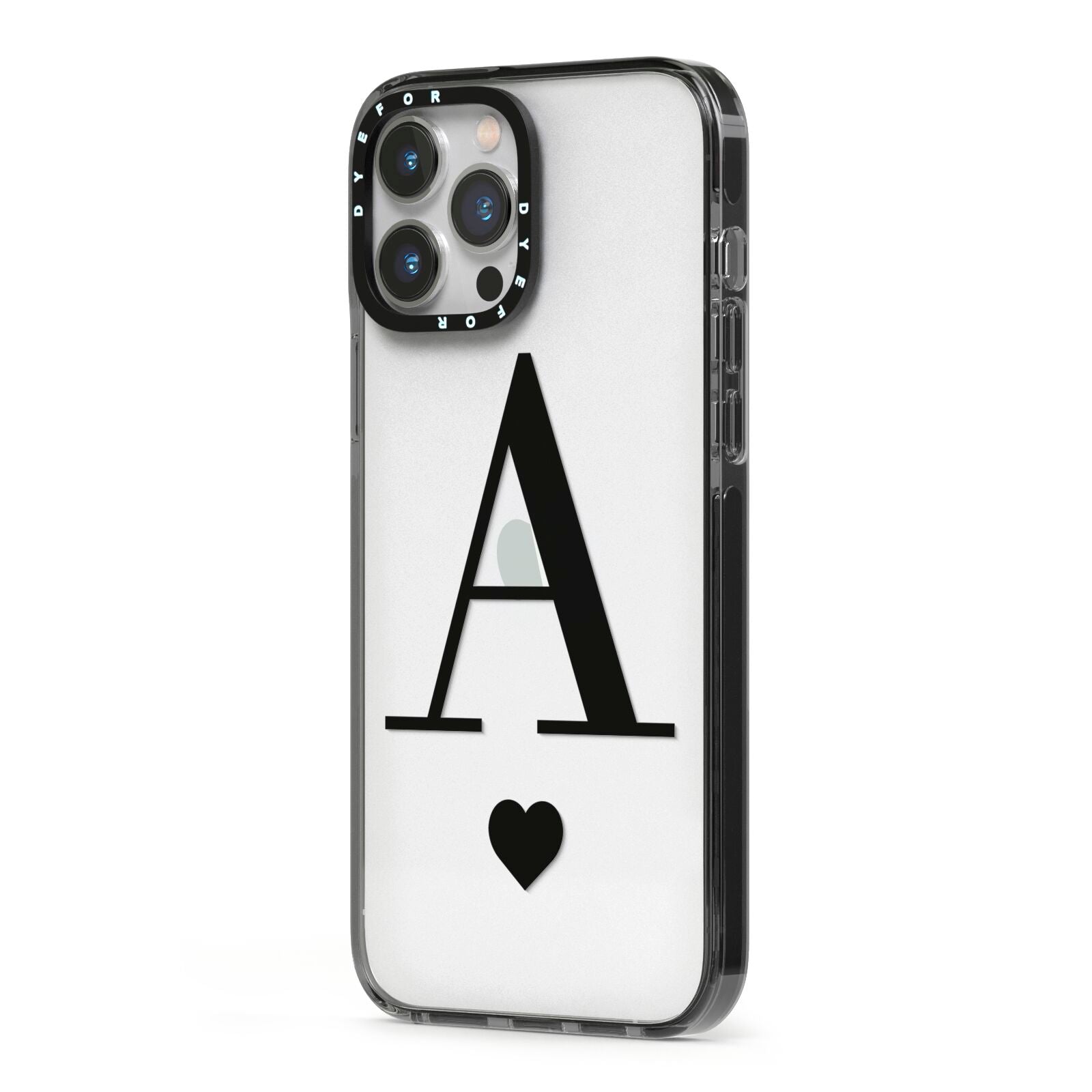 Personalised Black Big Initial Heart Clear iPhone 13 Pro Max Black Impact Case Side Angle on Silver phone