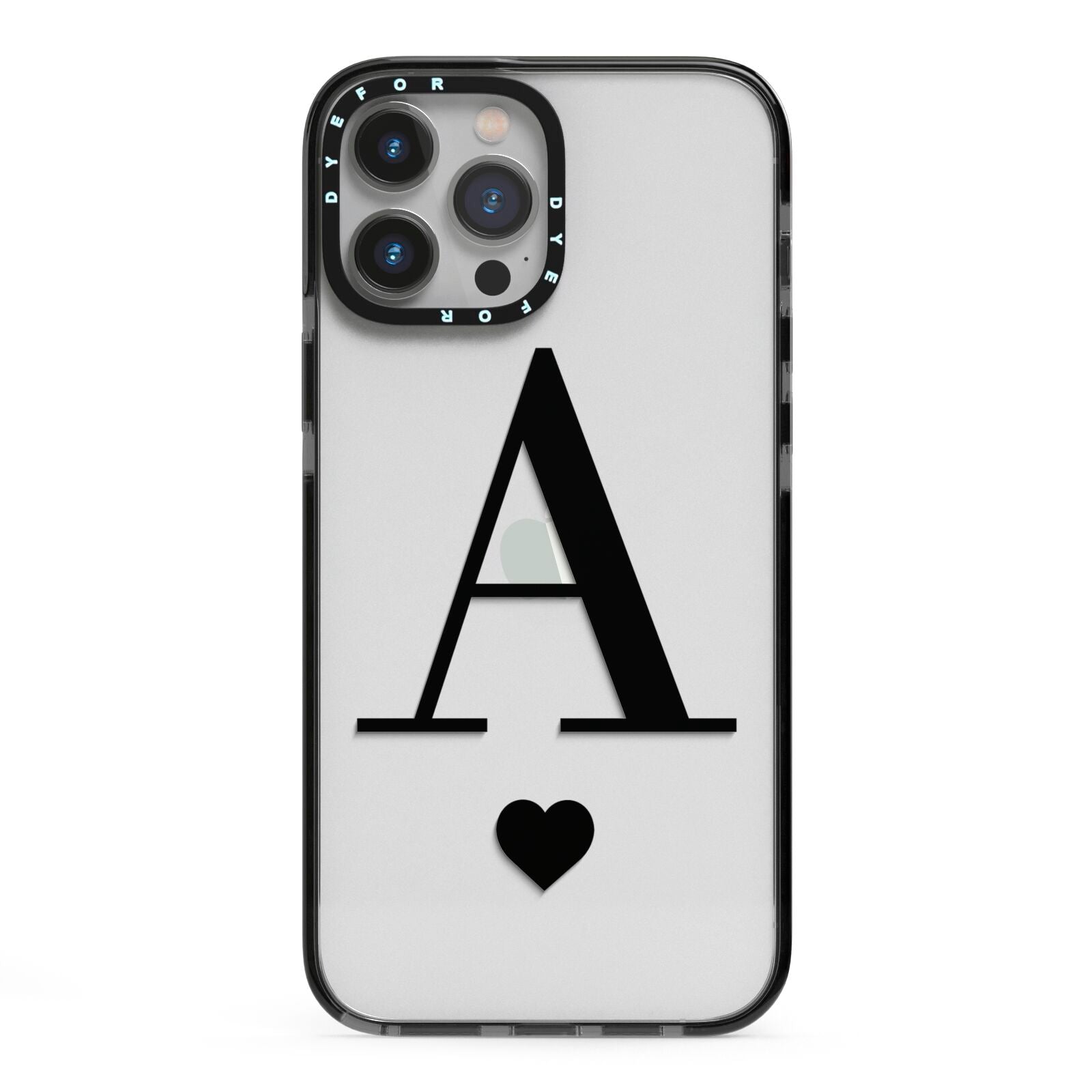 Personalised Black Big Initial Heart Clear iPhone 13 Pro Max Black Impact Case on Silver phone