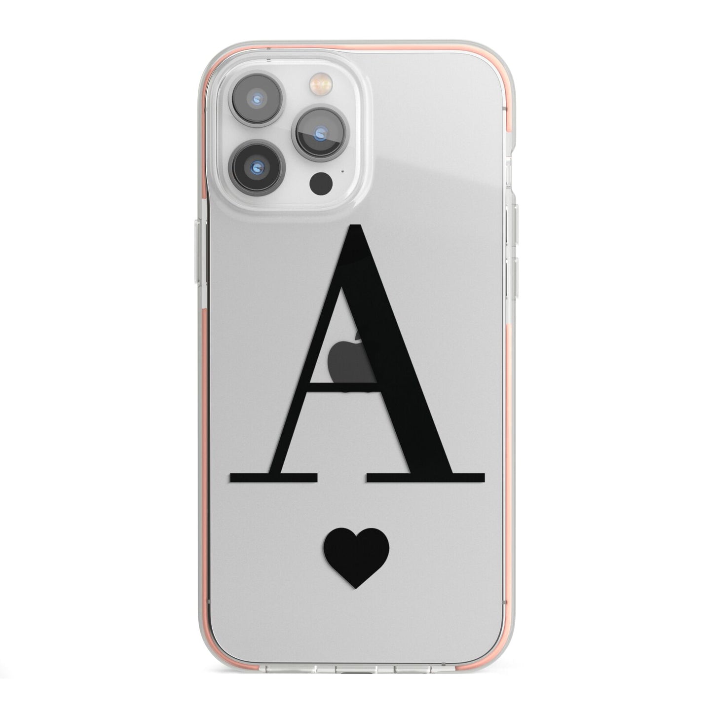 Personalised Black Big Initial Heart Clear iPhone 13 Pro Max TPU Impact Case with Pink Edges