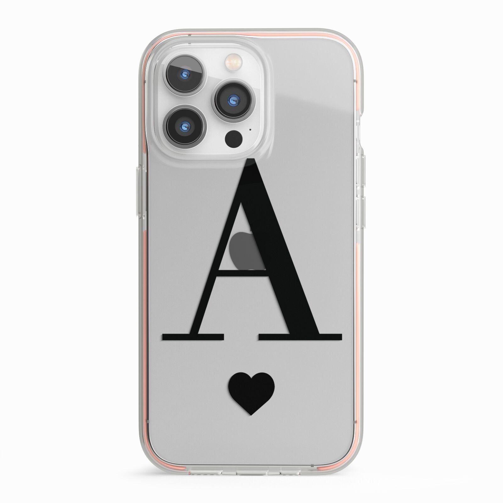 Personalised Black Big Initial Heart Clear iPhone 13 Pro TPU Impact Case with Pink Edges