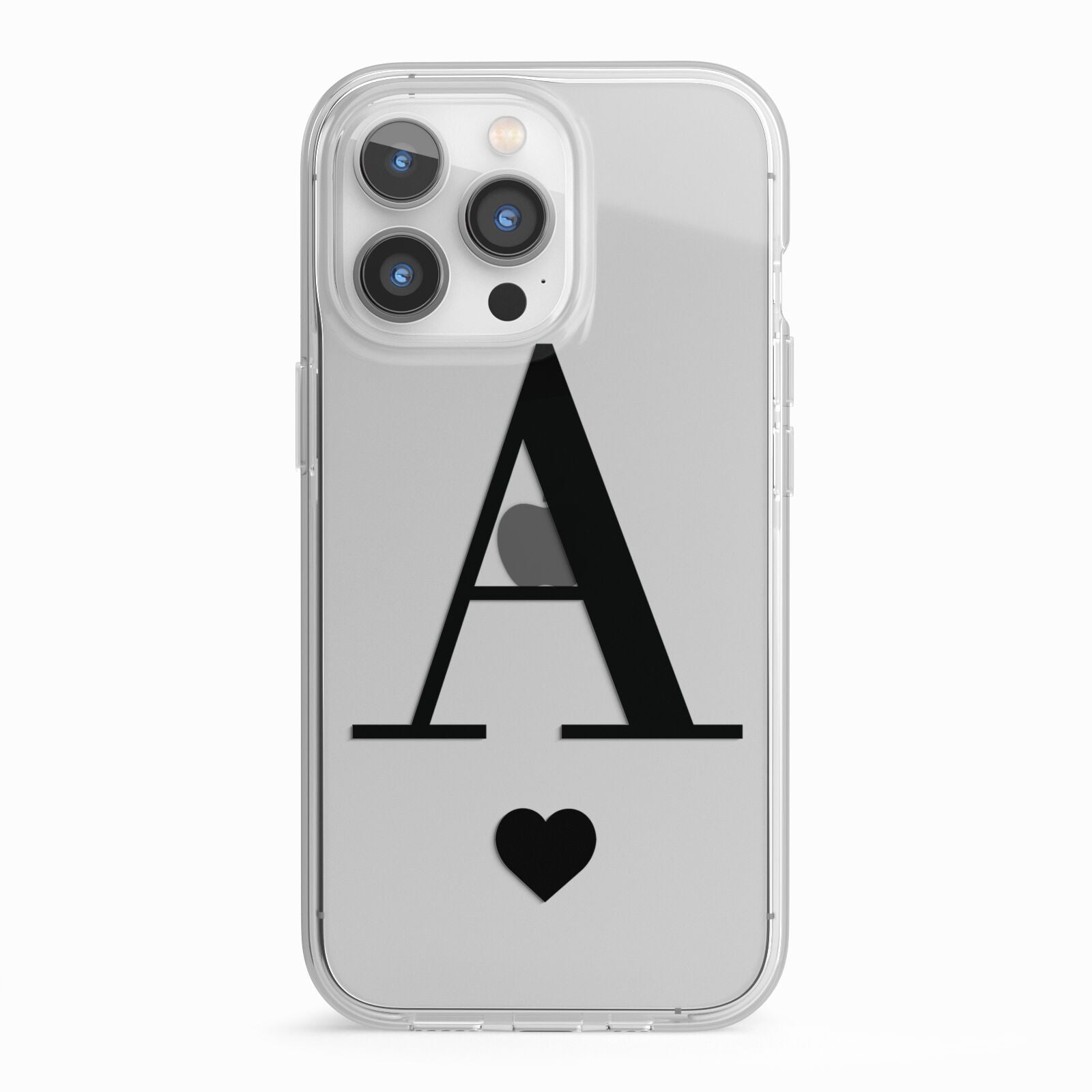 Personalised Black Big Initial Heart Clear iPhone 13 Pro TPU Impact Case with White Edges