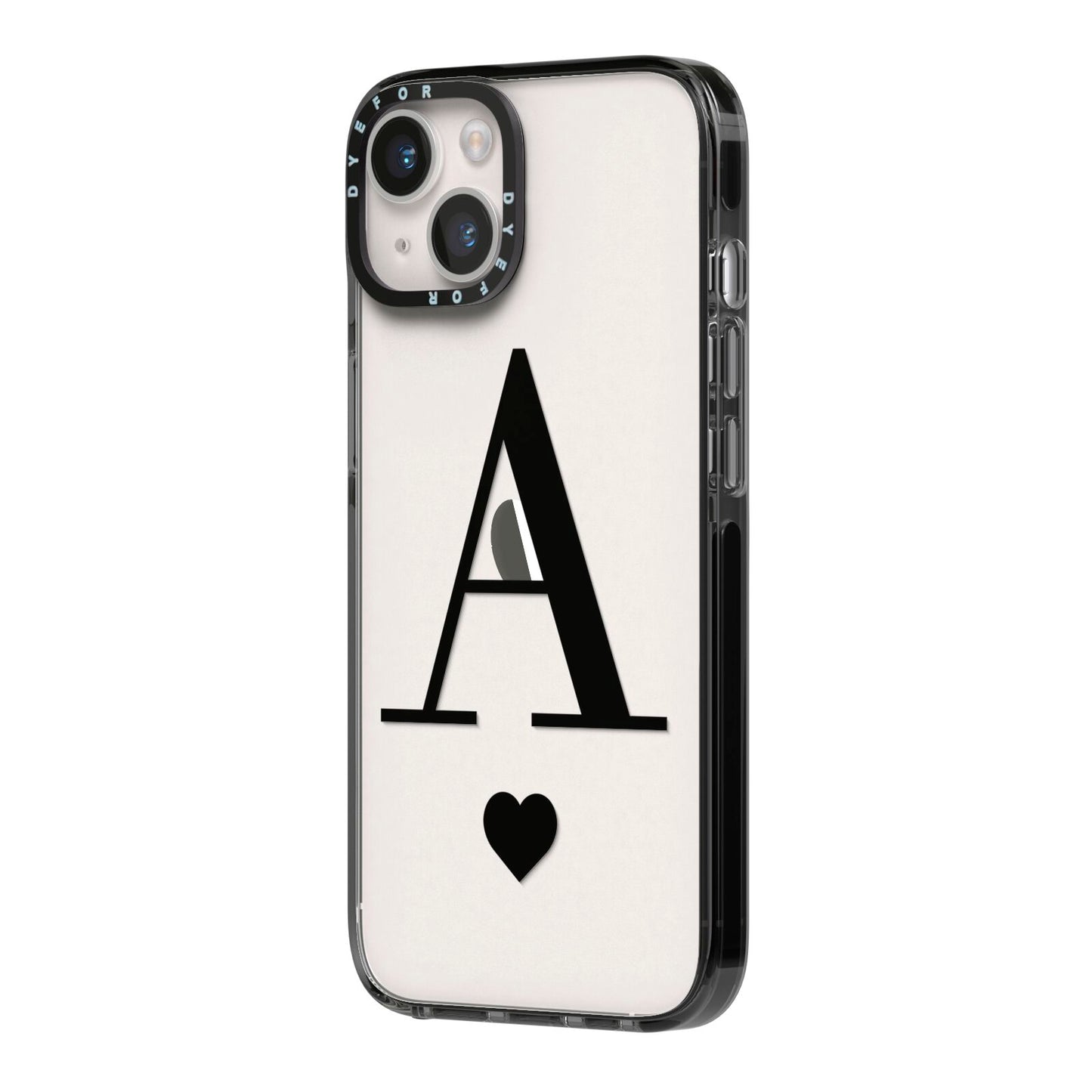 Personalised Black Big Initial Heart Clear iPhone 14 Black Impact Case Side Angle on Silver phone