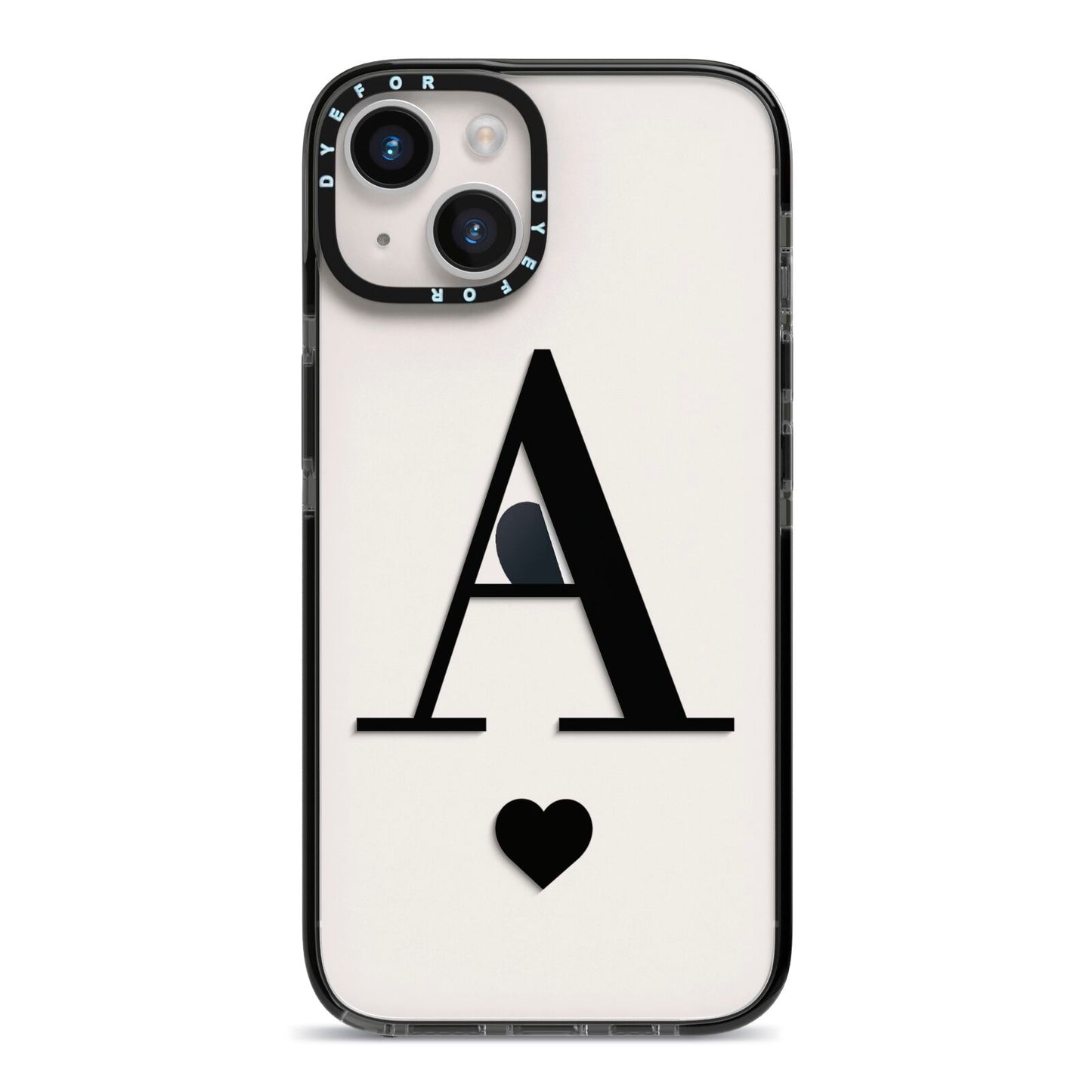 Personalised Black Big Initial Heart Clear iPhone 14 Black Impact Case on Silver phone