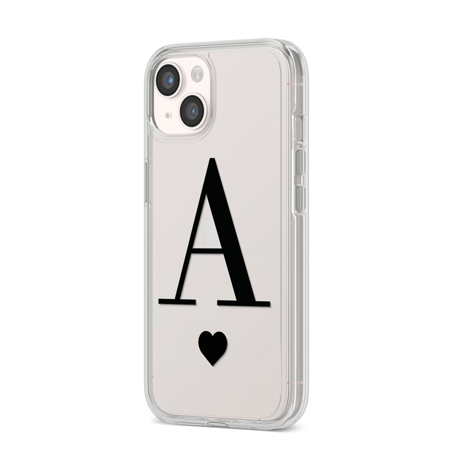 Personalised Black Big Initial Heart Clear iPhone 14 Clear Tough Case Starlight Angled Image