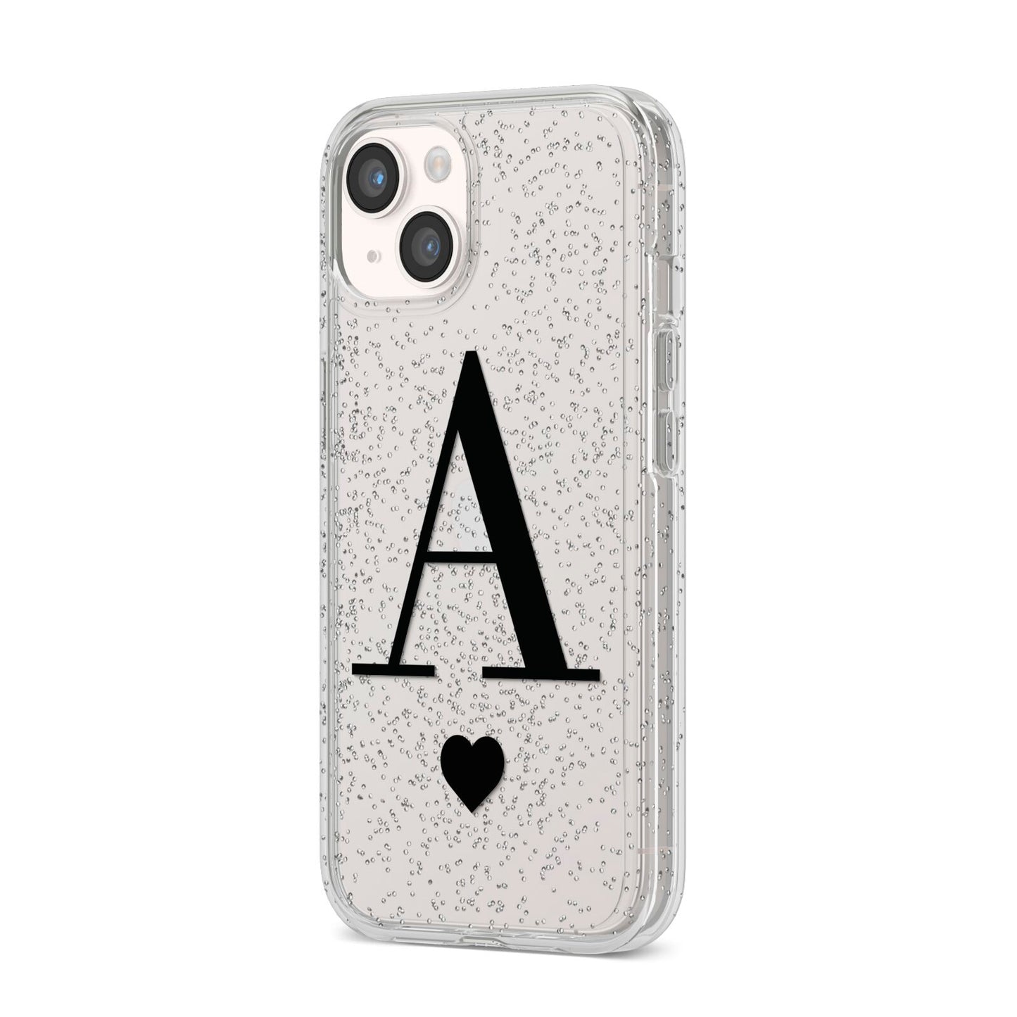 Personalised Black Big Initial Heart Clear iPhone 14 Glitter Tough Case Starlight Angled Image