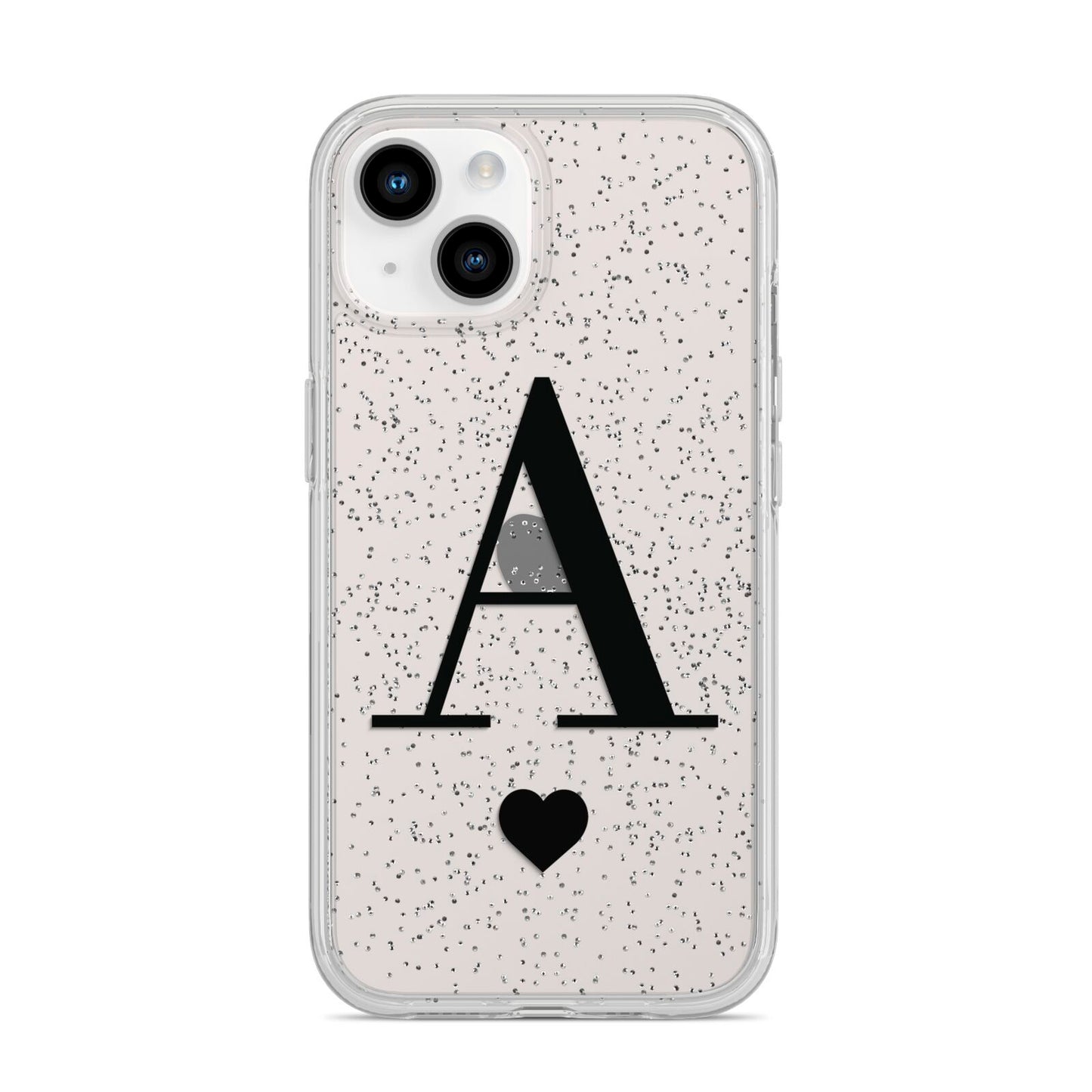 Personalised Black Big Initial Heart Clear iPhone 14 Glitter Tough Case Starlight