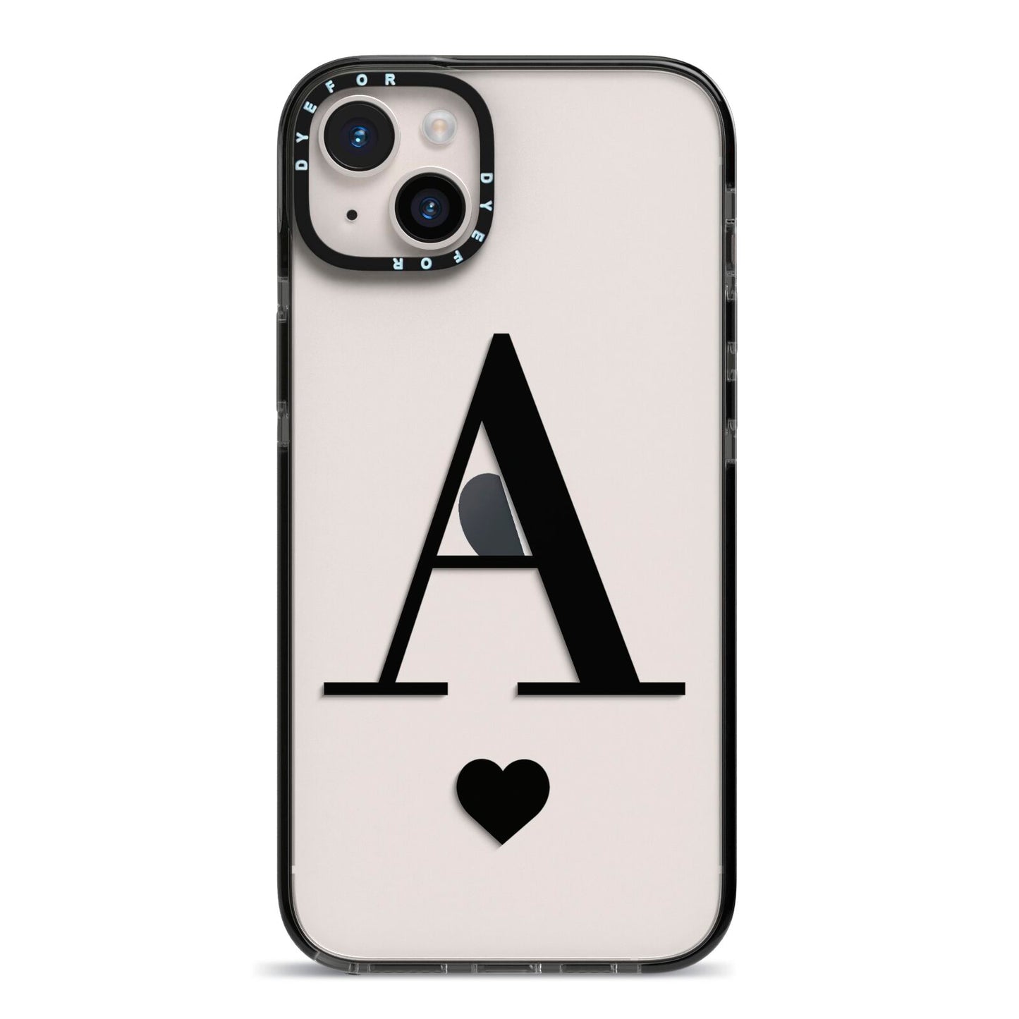 Personalised Black Big Initial Heart Clear iPhone 14 Plus Black Impact Case on Silver phone