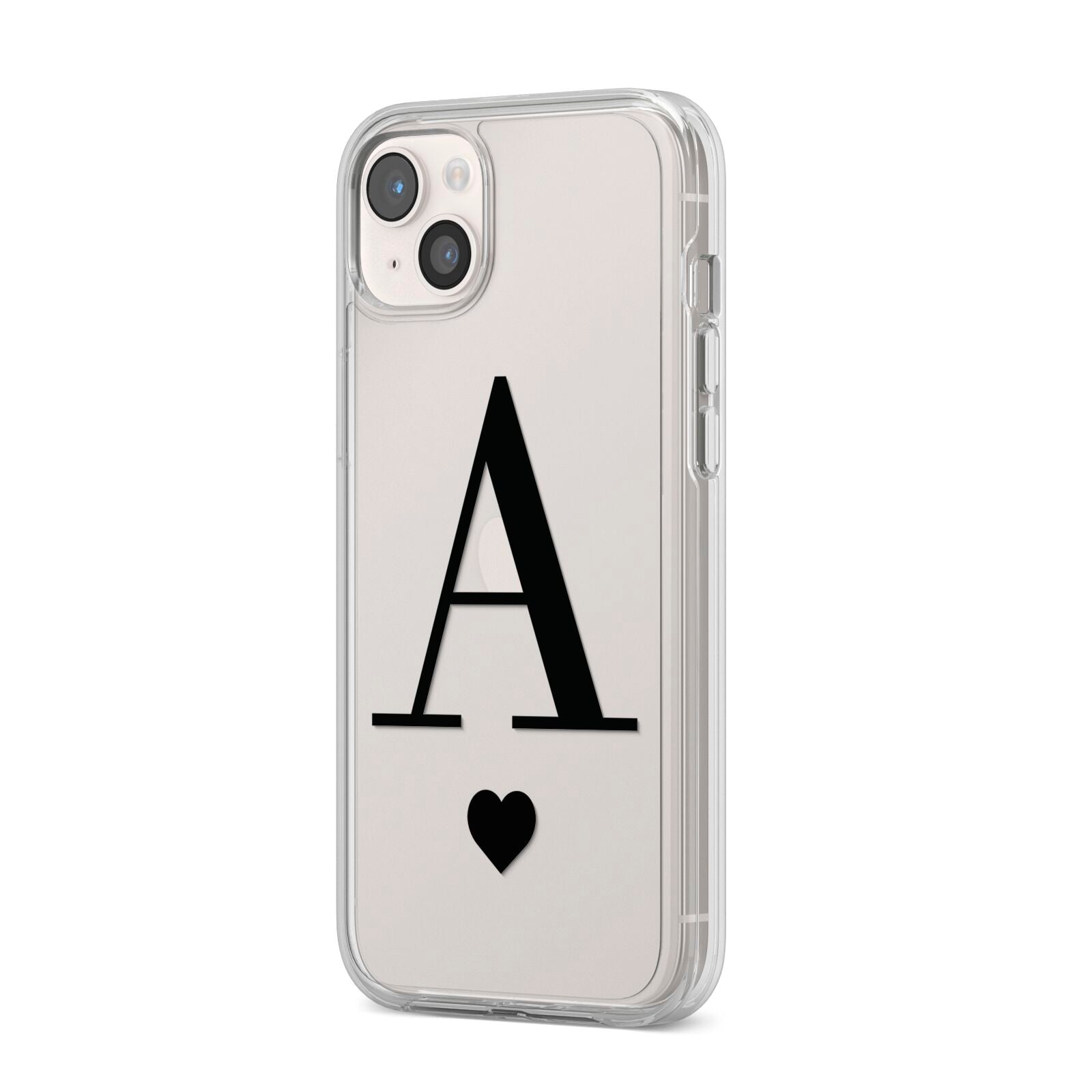 Personalised Black Big Initial Heart Clear iPhone 14 Plus Clear Tough Case Starlight Angled Image