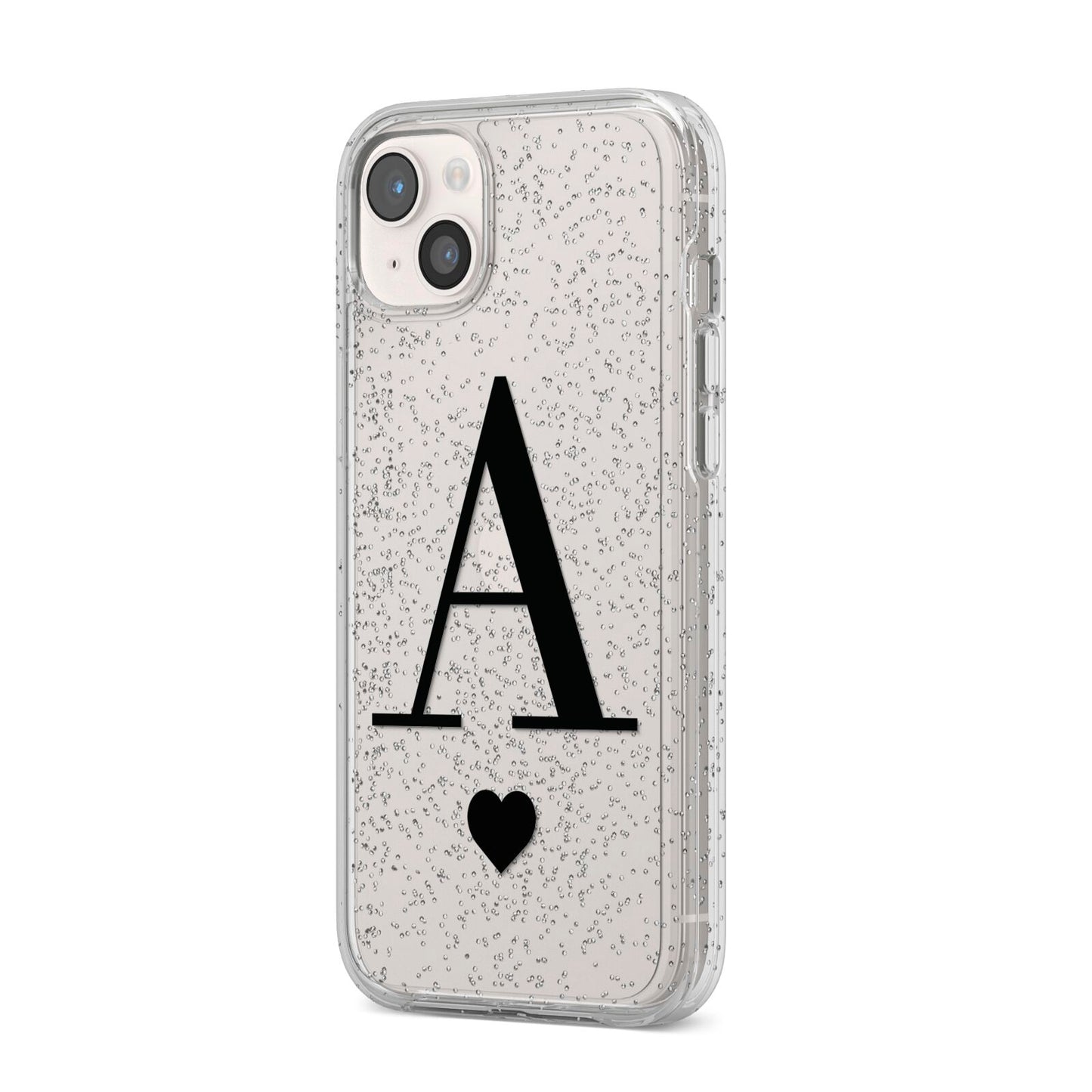 Personalised Black Big Initial Heart Clear iPhone 14 Plus Glitter Tough Case Starlight Angled Image