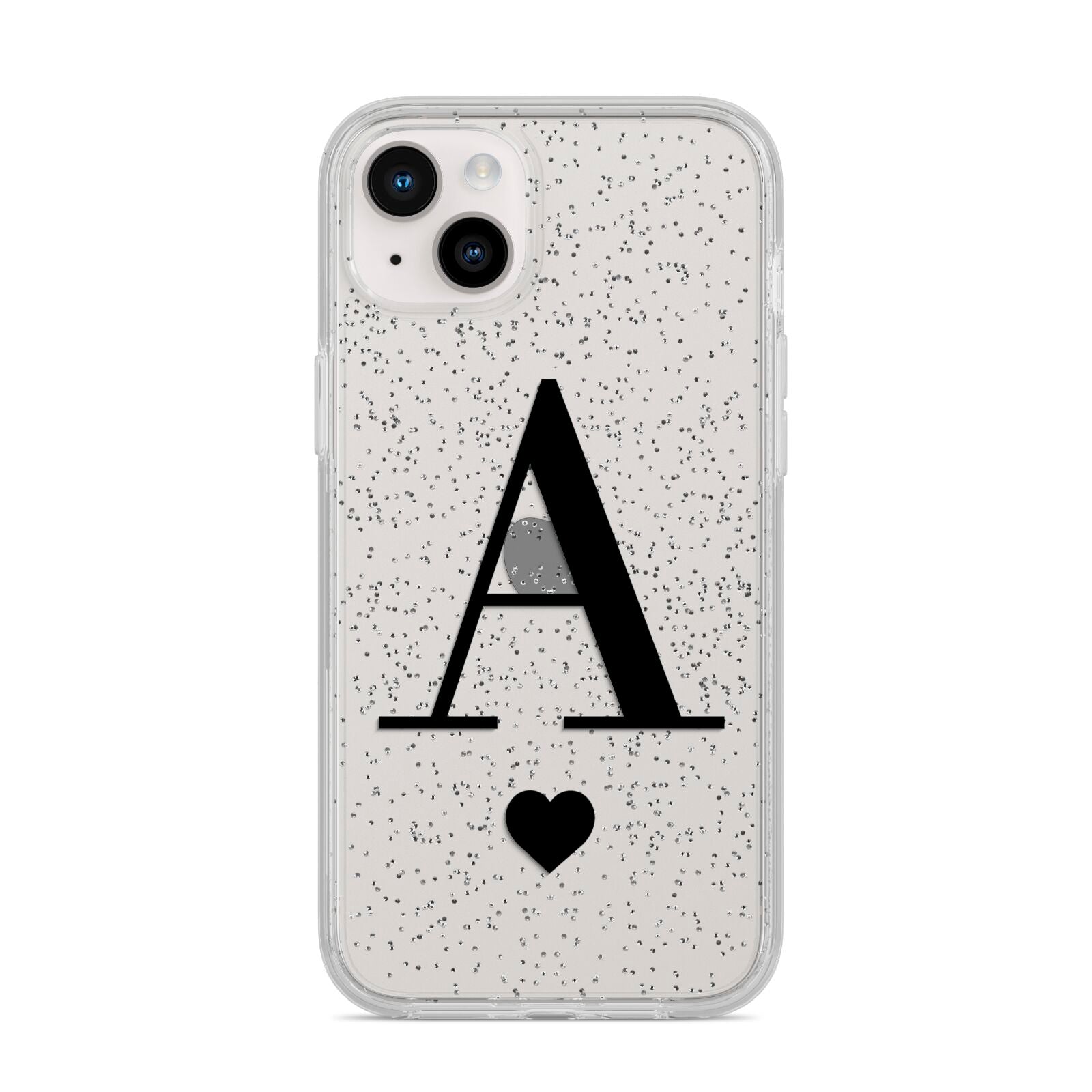 Personalised Black Big Initial Heart Clear iPhone 14 Plus Glitter Tough Case Starlight