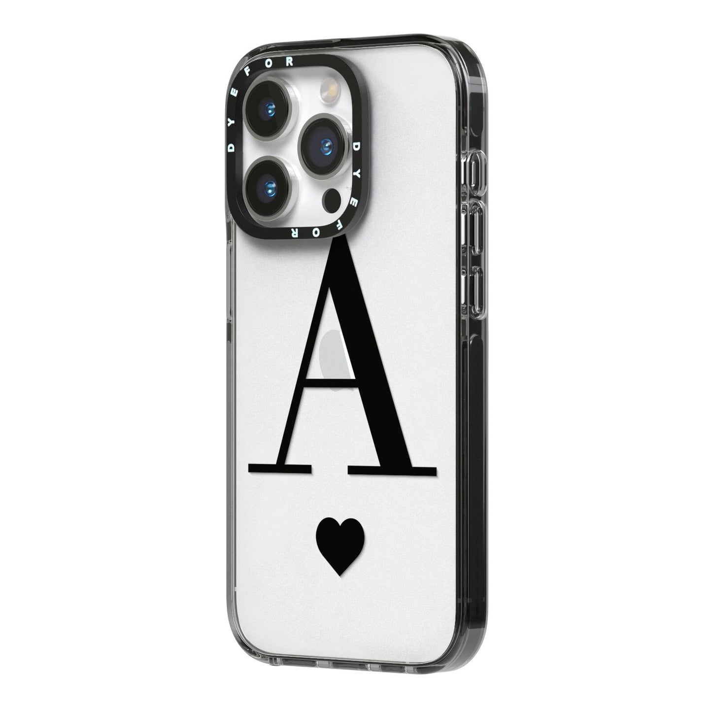 Personalised Black Big Initial Heart Clear iPhone 14 Pro Black Impact Case Side Angle on Silver phone