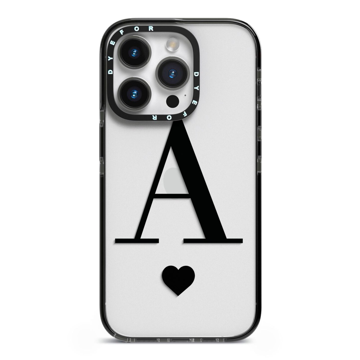 Personalised Black Big Initial Heart Clear iPhone 14 Pro Black Impact Case on Silver phone