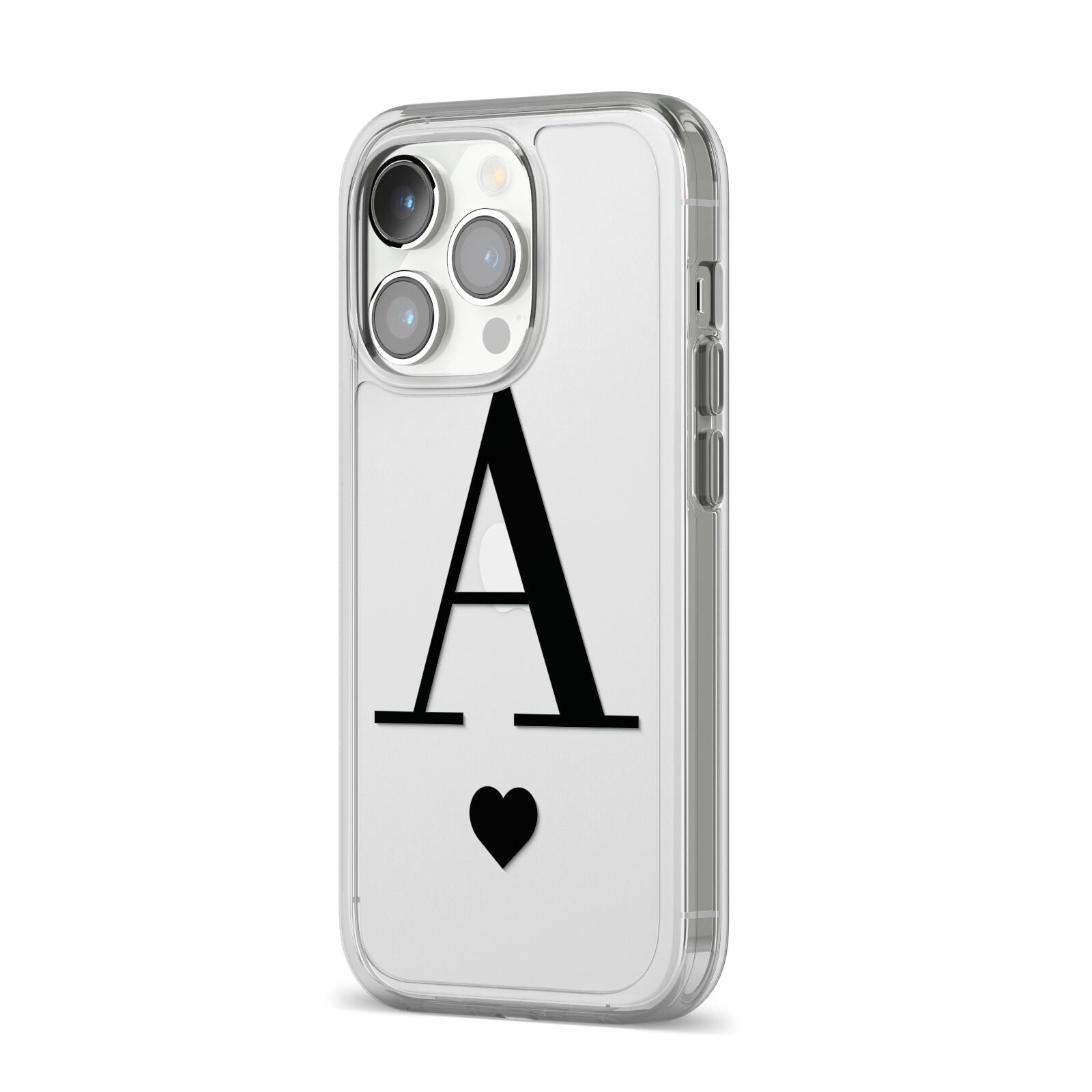 Personalised Black Big Initial Heart Clear iPhone 14 Pro Clear Tough Case Silver Angled Image