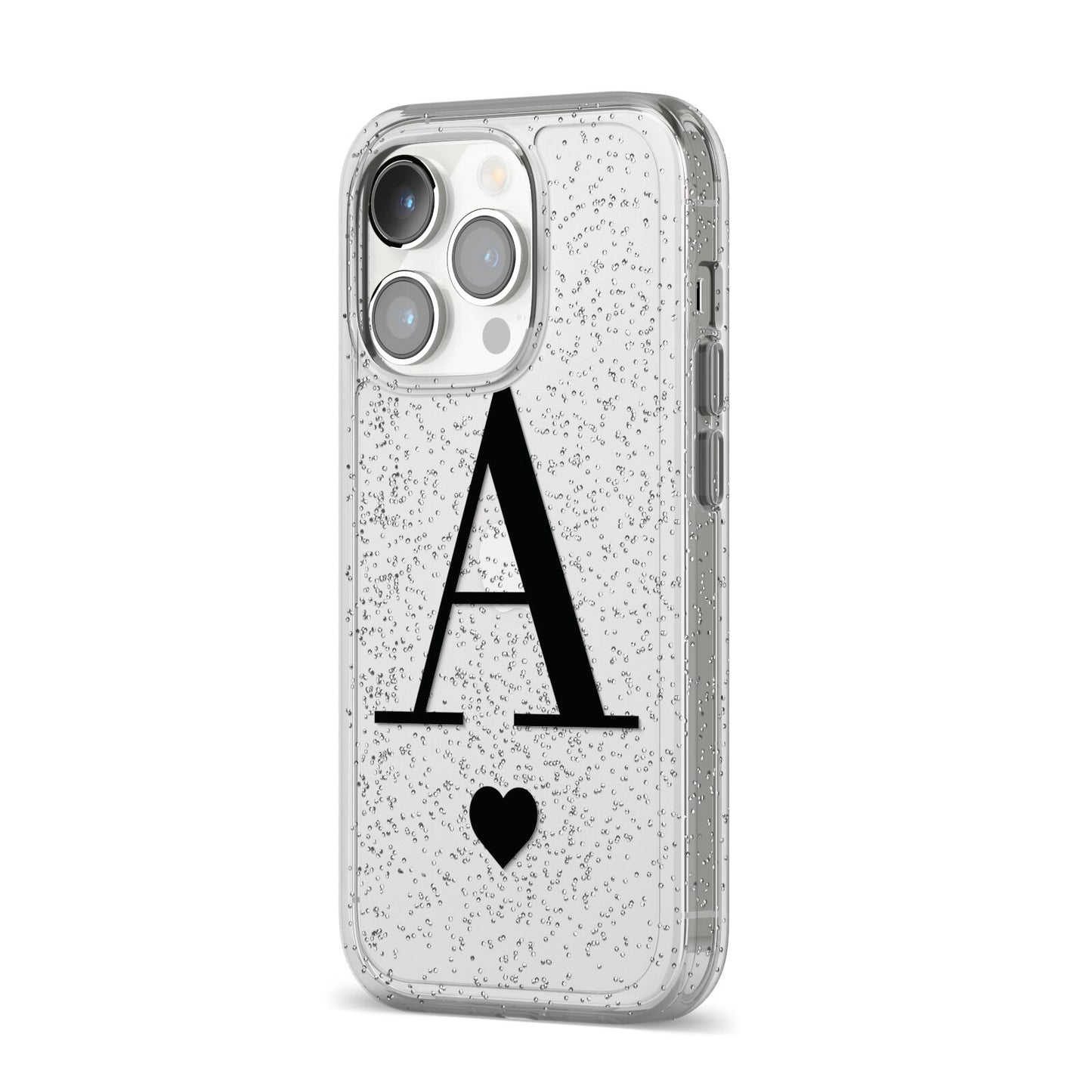 Personalised Black Big Initial Heart Clear iPhone 14 Pro Glitter Tough Case Silver Angled Image