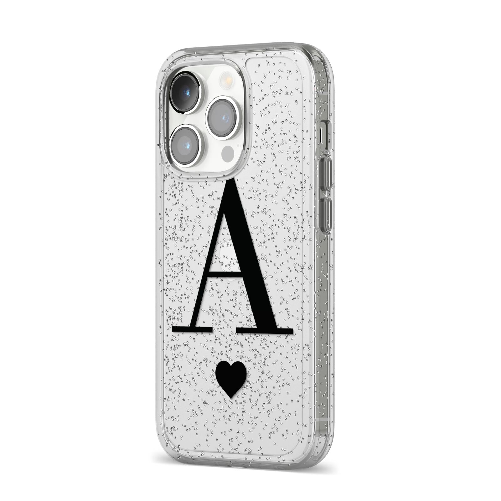 Personalised Black Big Initial Heart Clear iPhone 14 Pro Glitter Tough Case Silver Angled Image