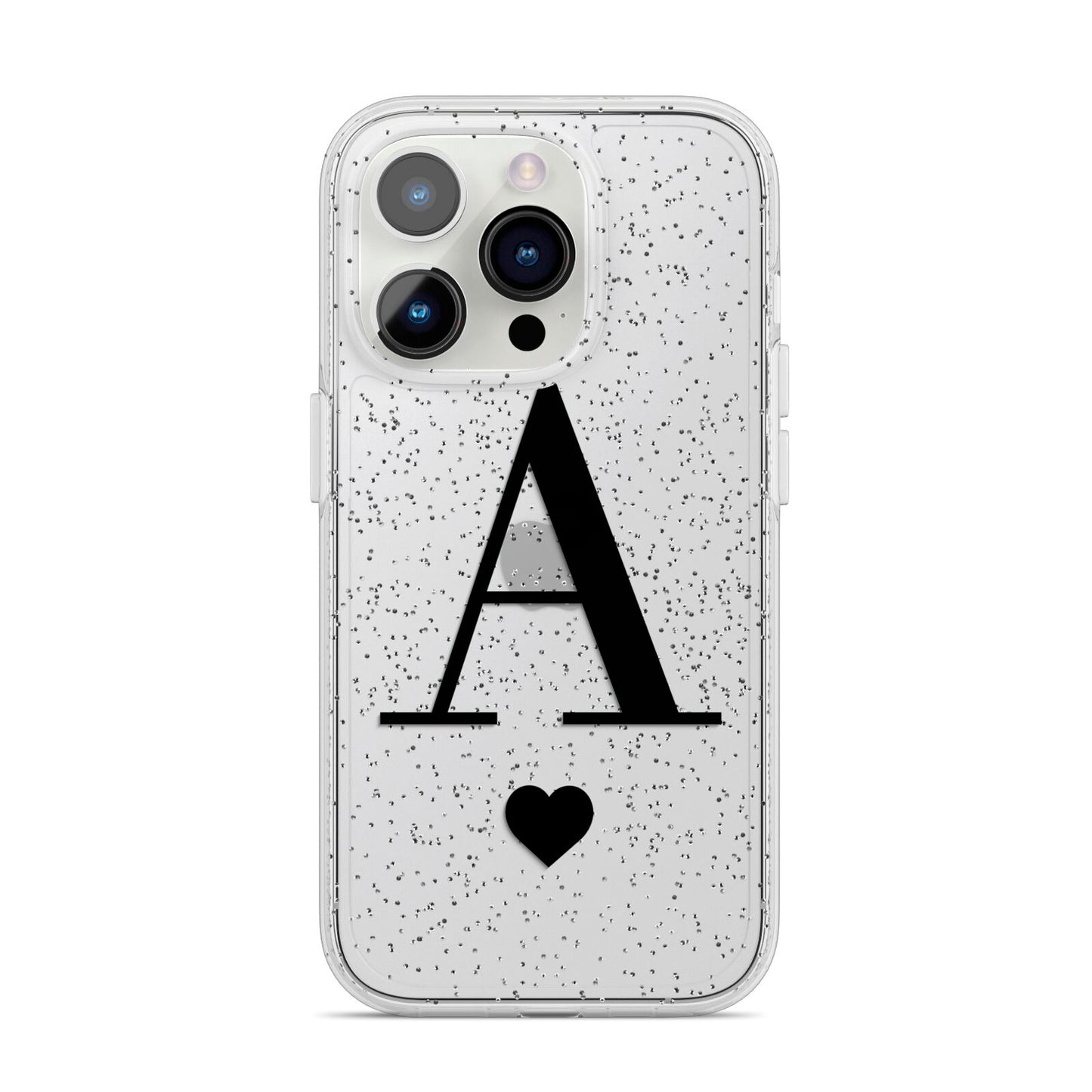 Personalised Black Big Initial Heart Clear iPhone 14 Pro Glitter Tough Case Silver