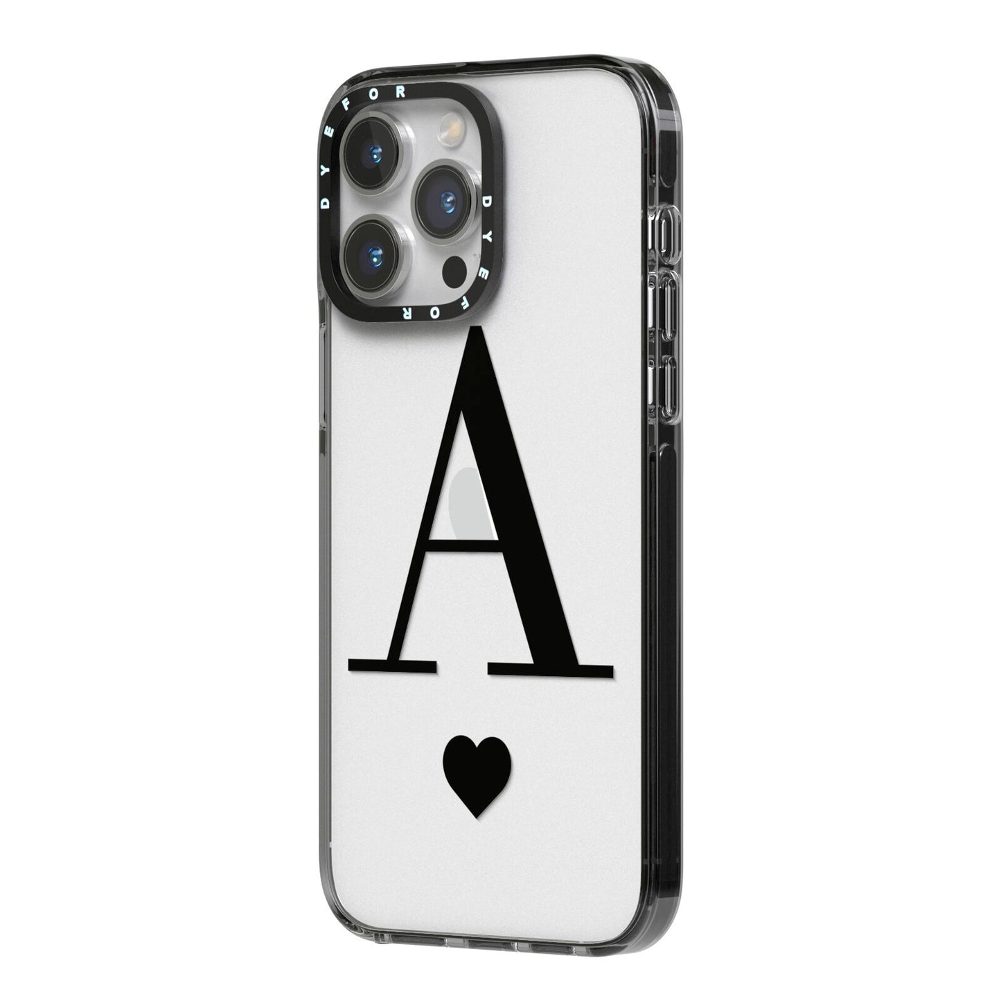 Personalised Black Big Initial Heart Clear iPhone 14 Pro Max Black Impact Case Side Angle on Silver phone