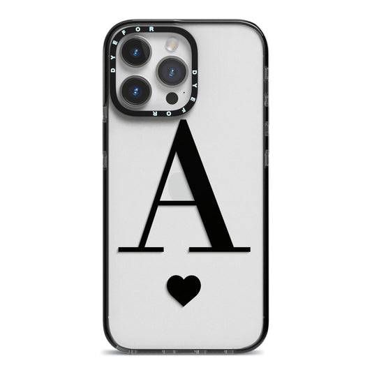 Personalised Black Big Initial Heart Clear iPhone 14 Pro Max Black Impact Case on Silver phone