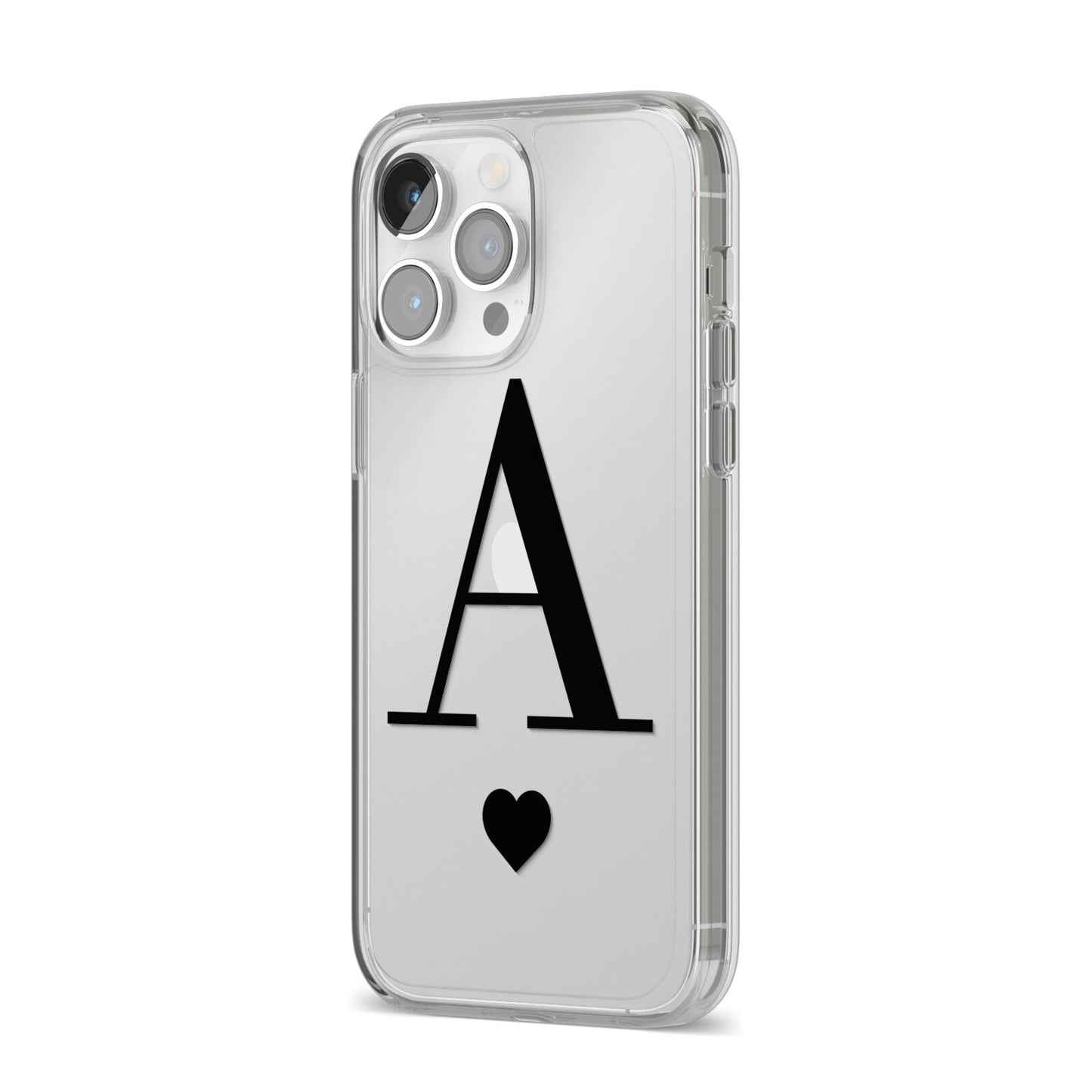 Personalised Black Big Initial Heart Clear iPhone 14 Pro Max Clear Tough Case Silver Angled Image