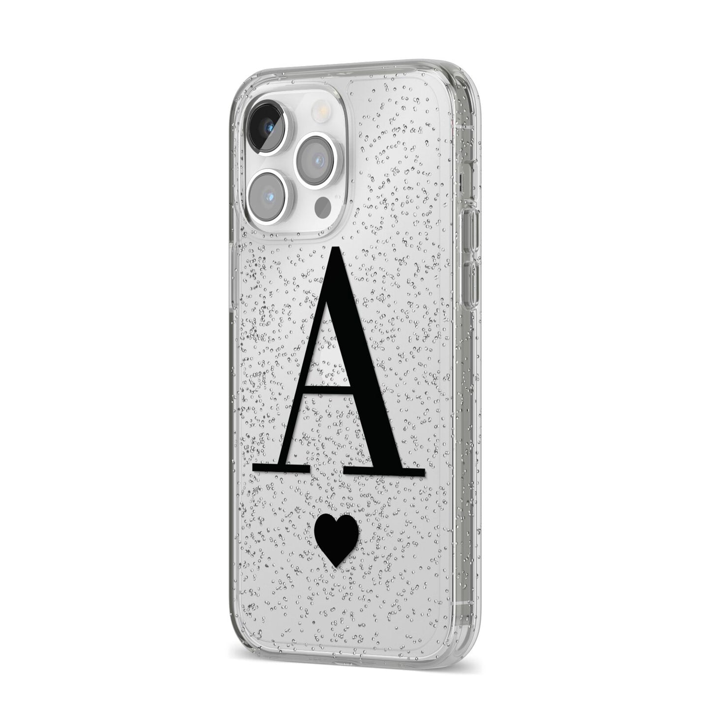 Personalised Black Big Initial Heart Clear iPhone 14 Pro Max Glitter Tough Case Silver Angled Image