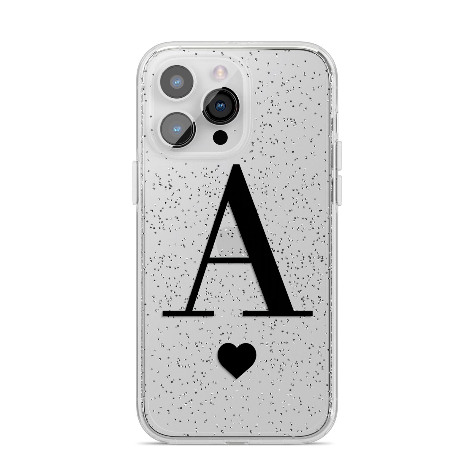 Personalised Black Big Initial Heart Clear iPhone 14 Pro Max Glitter Tough Case Silver