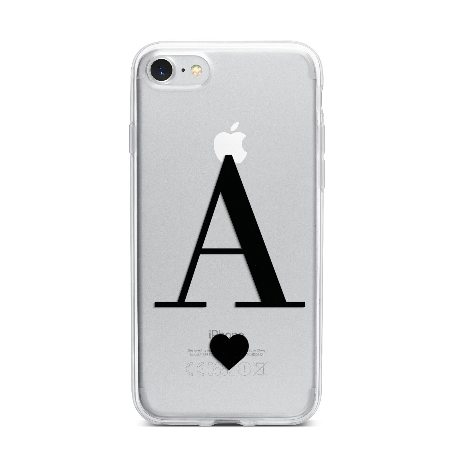 Personalised Black Big Initial Heart Clear iPhone 7 Bumper Case on Silver iPhone