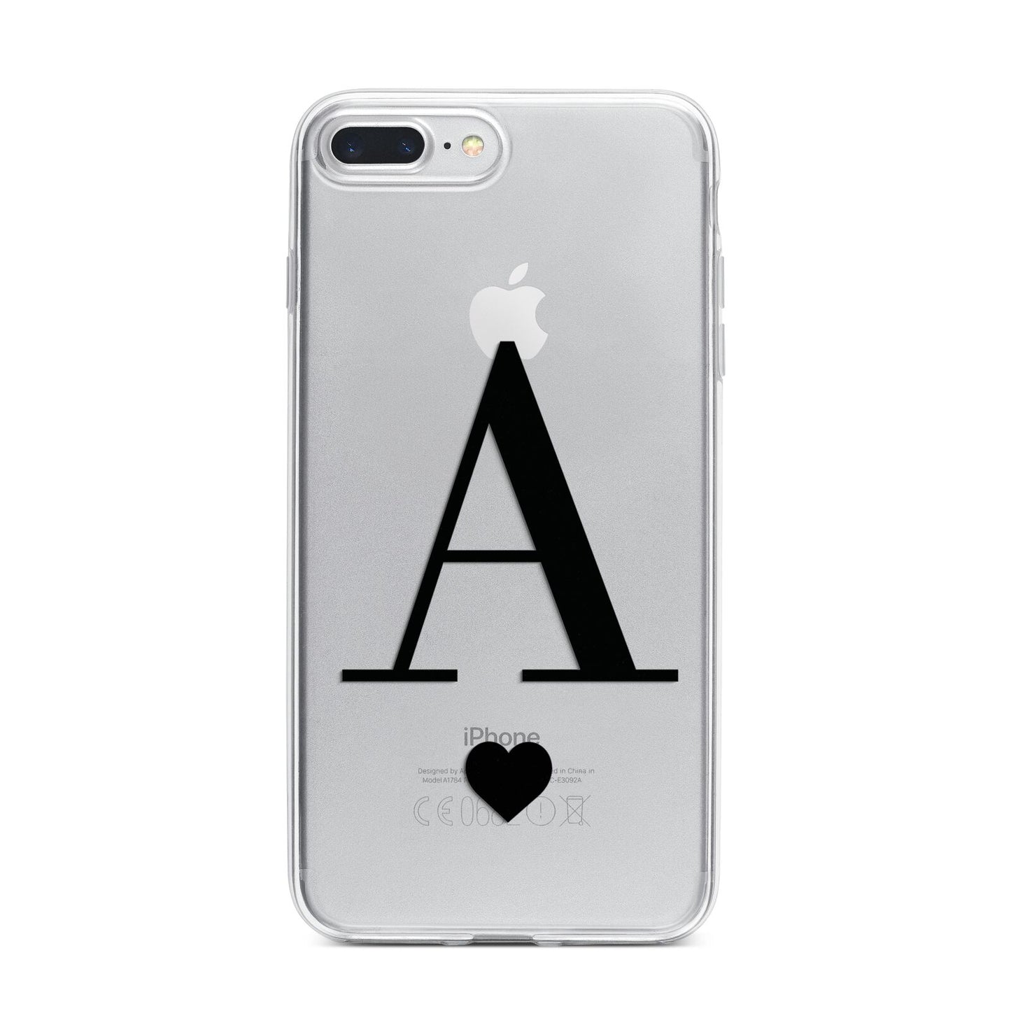 Personalised Black Big Initial Heart Clear iPhone 7 Plus Bumper Case on Silver iPhone