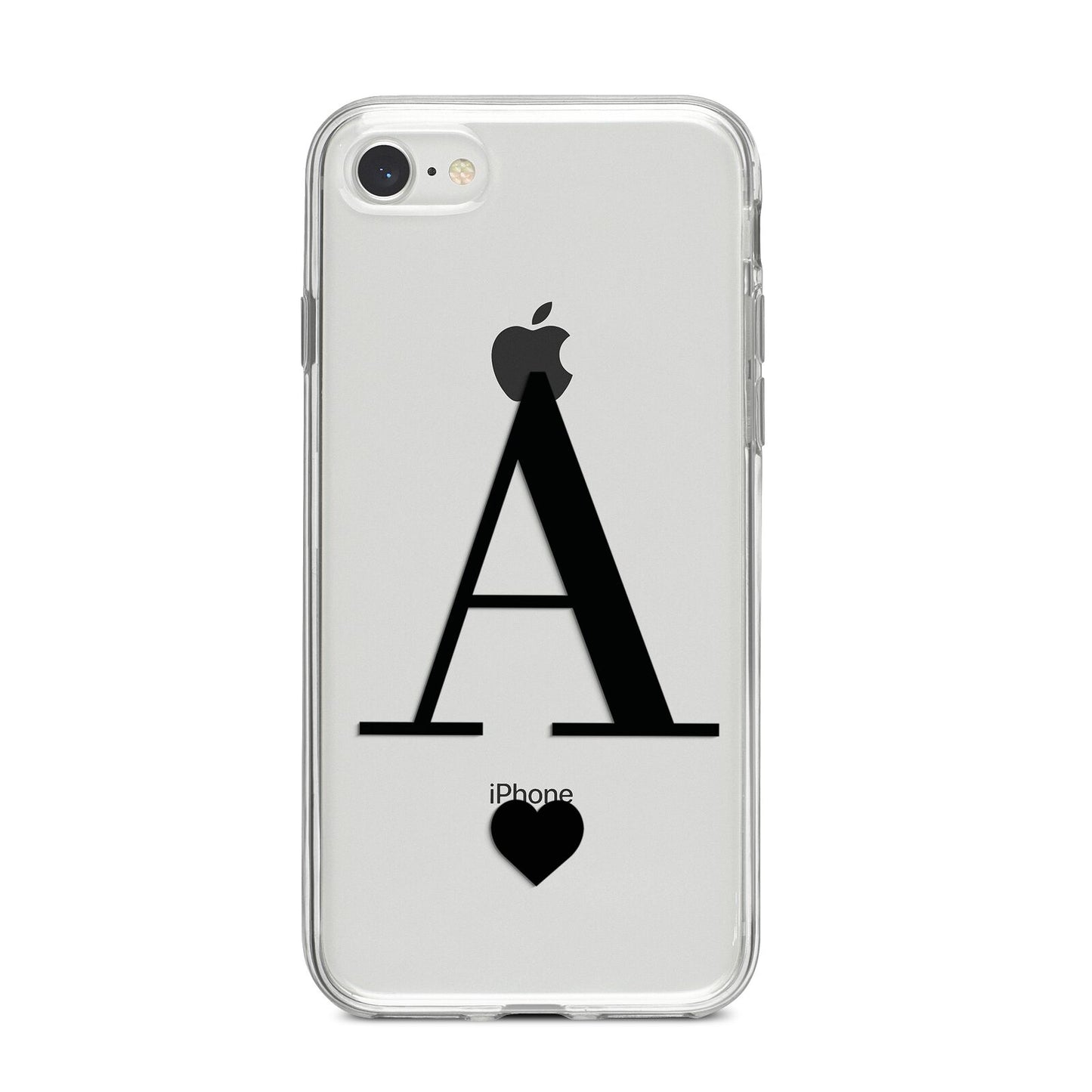 Personalised Black Big Initial Heart Clear iPhone 8 Bumper Case on Silver iPhone