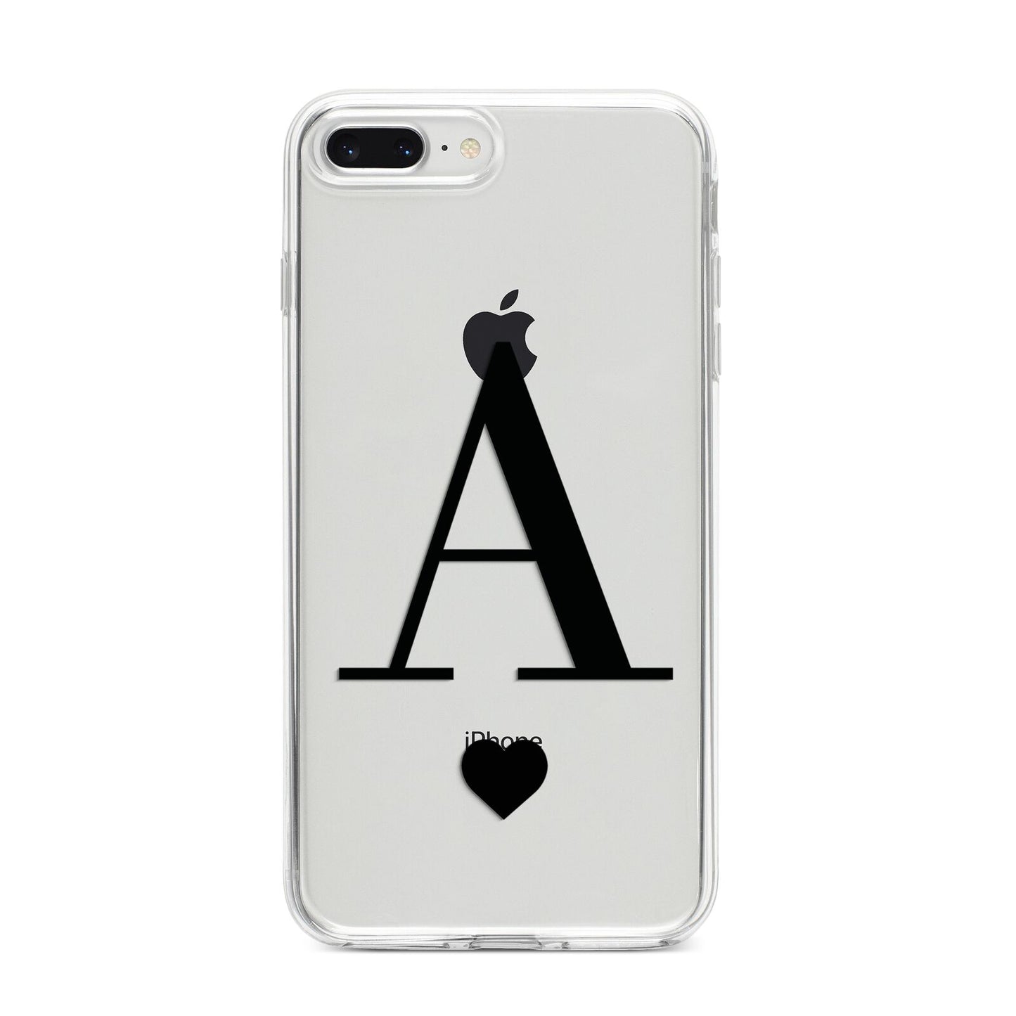 Personalised Black Big Initial Heart Clear iPhone 8 Plus Bumper Case on Silver iPhone