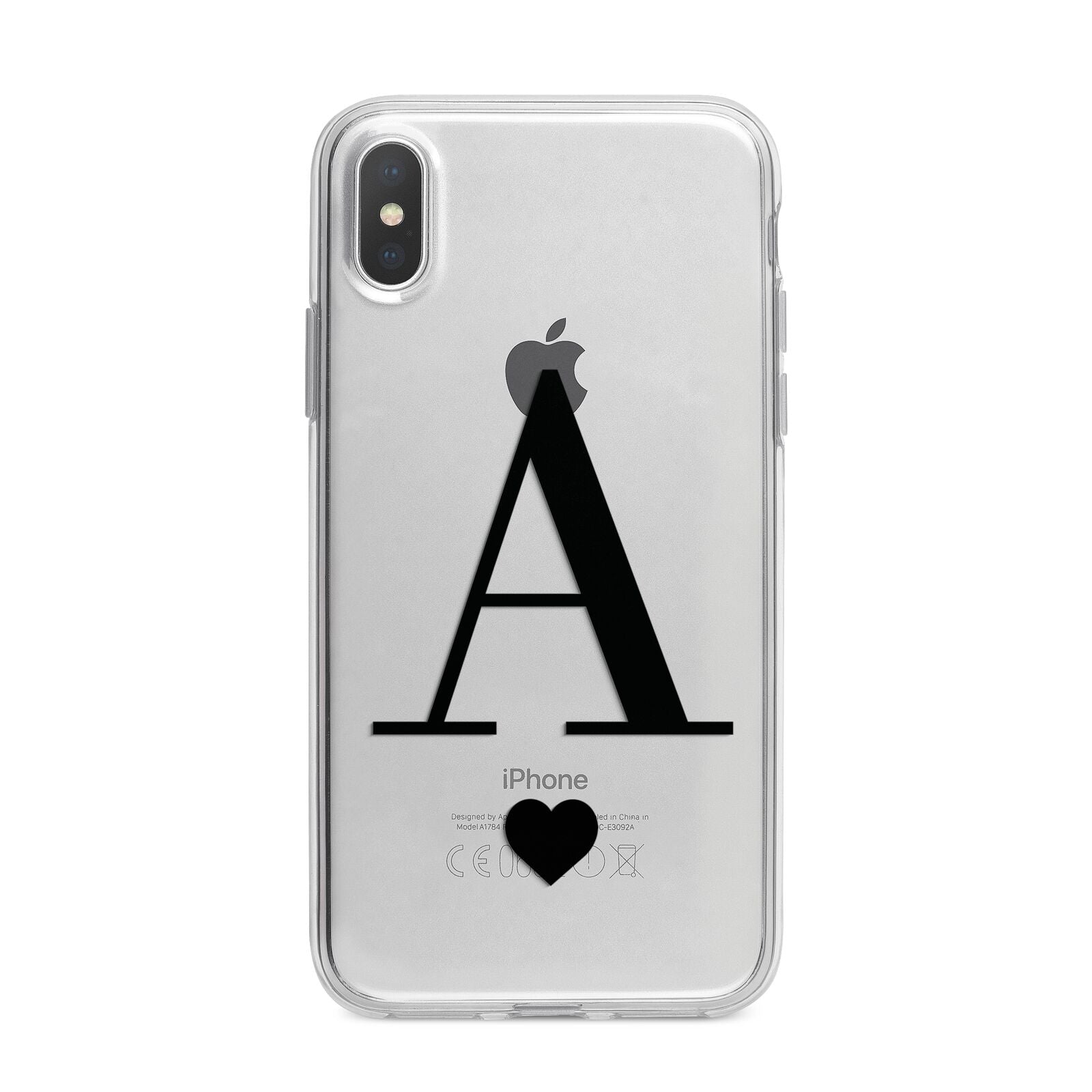 Personalised Black Big Initial Heart Clear iPhone X Bumper Case on Silver iPhone Alternative Image 1