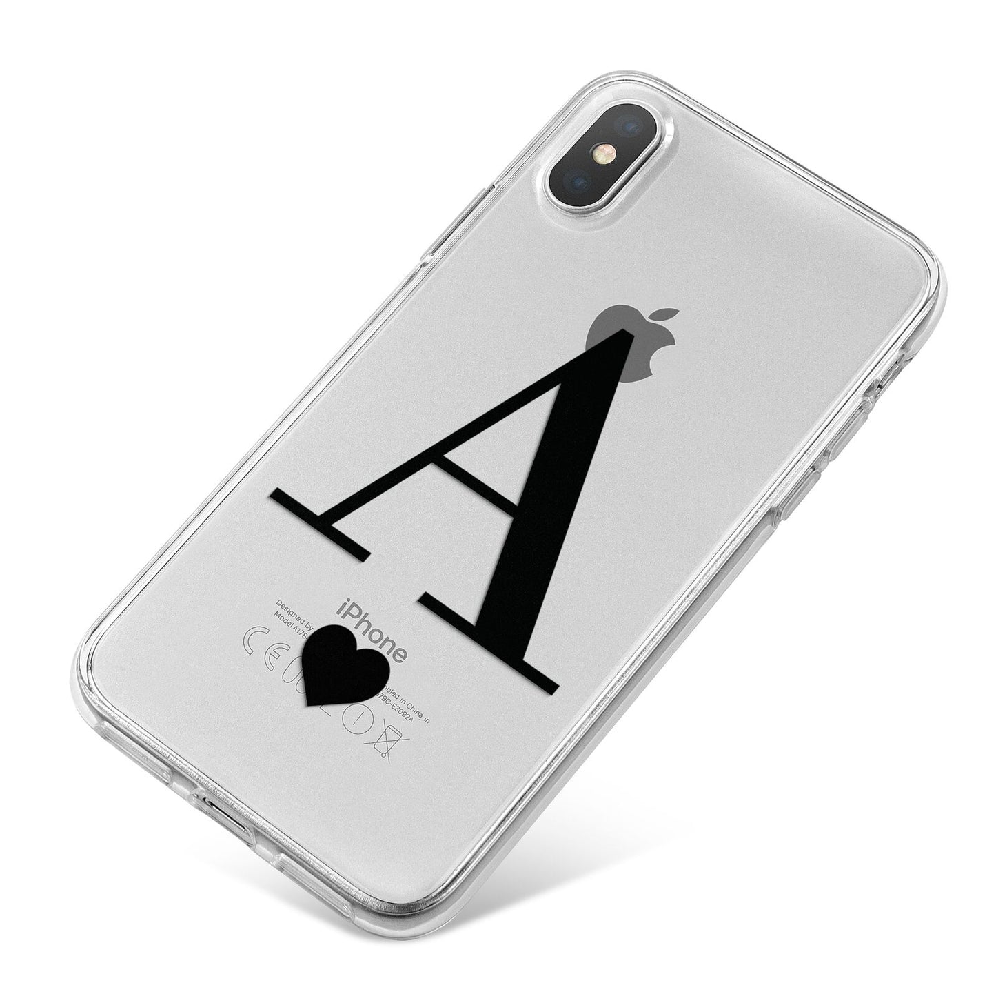 Personalised Black Big Initial Heart Clear iPhone X Bumper Case on Silver iPhone