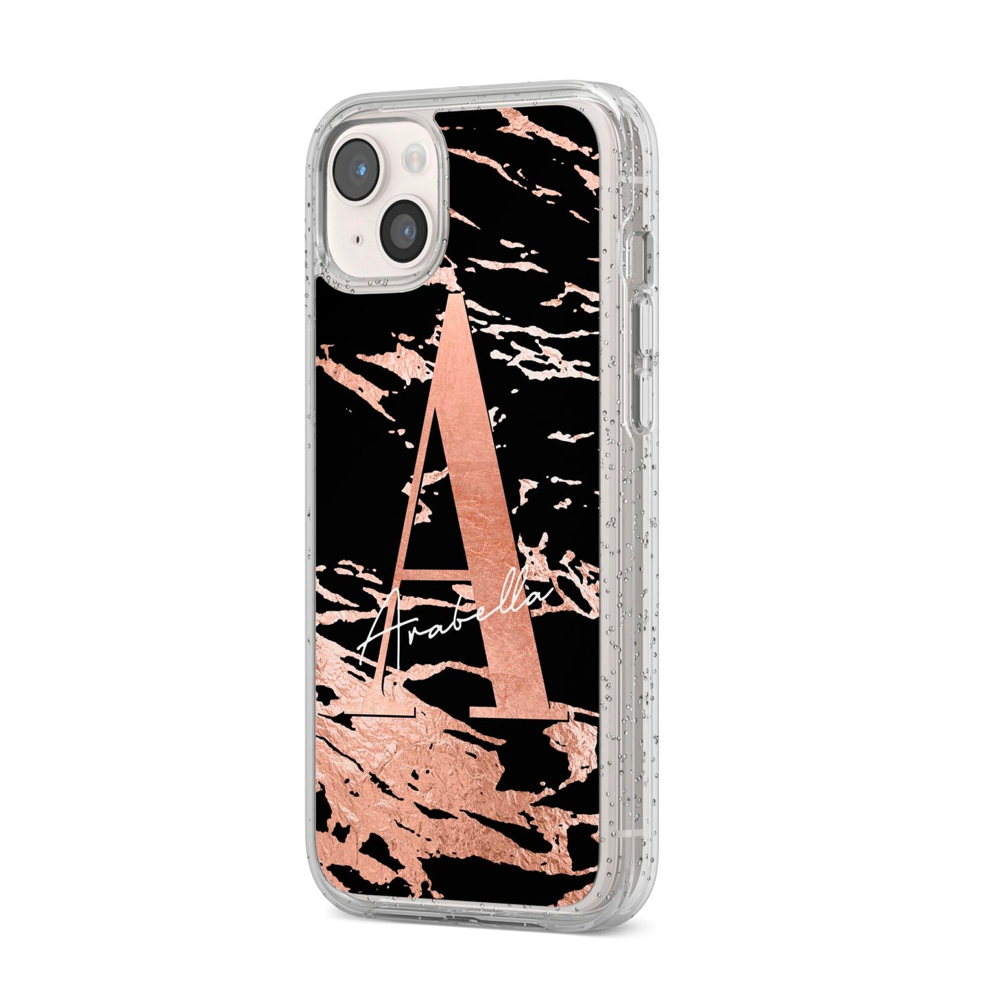 Personalised Black Copper Marble iPhone 14 Plus Glitter Tough Case Starlight Angled Image