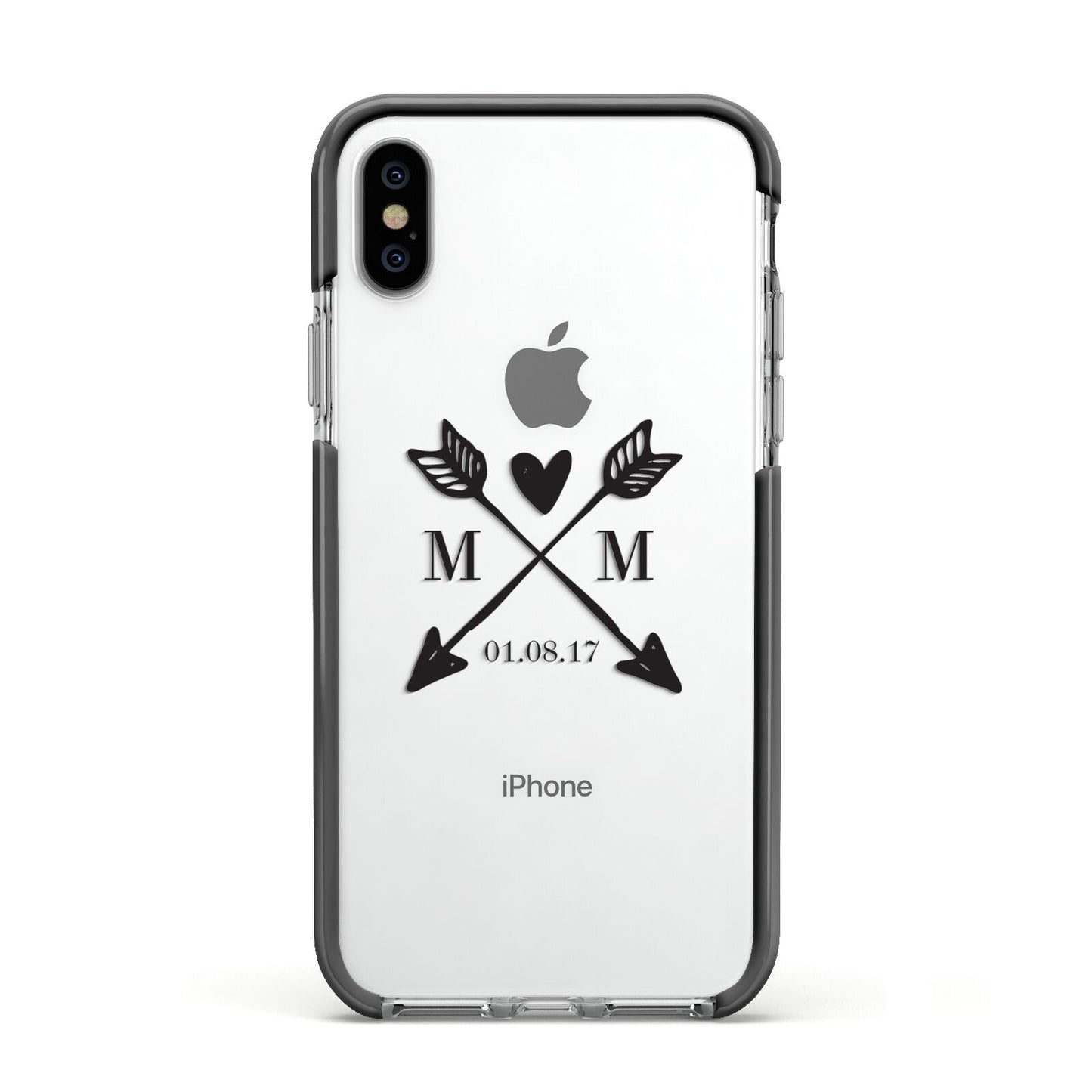 Personalised Black Couples Date Initials Clear Apple iPhone Xs Impact Case Black Edge on Silver Phone