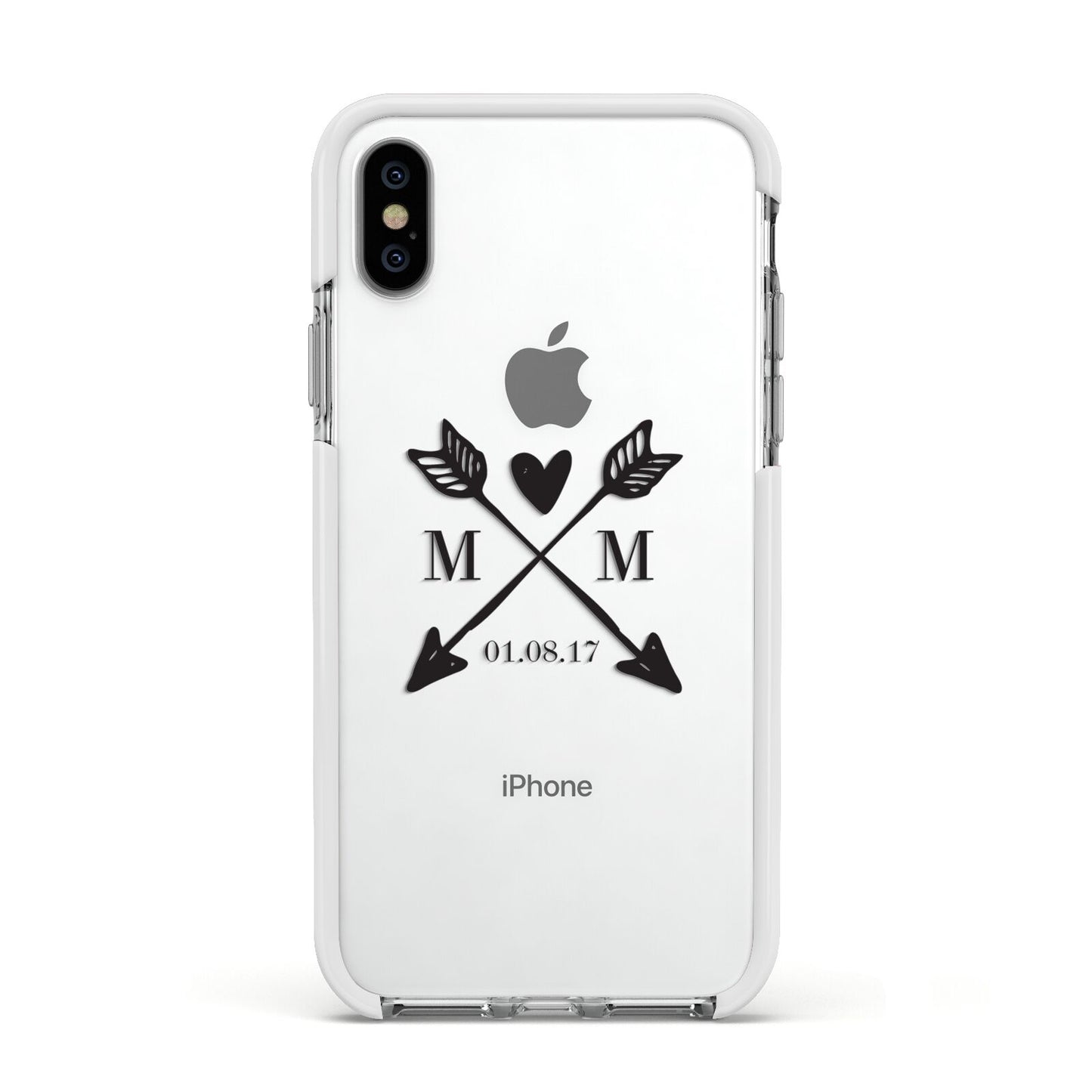 Personalised Black Couples Date Initials Clear Apple iPhone Xs Impact Case White Edge on Silver Phone