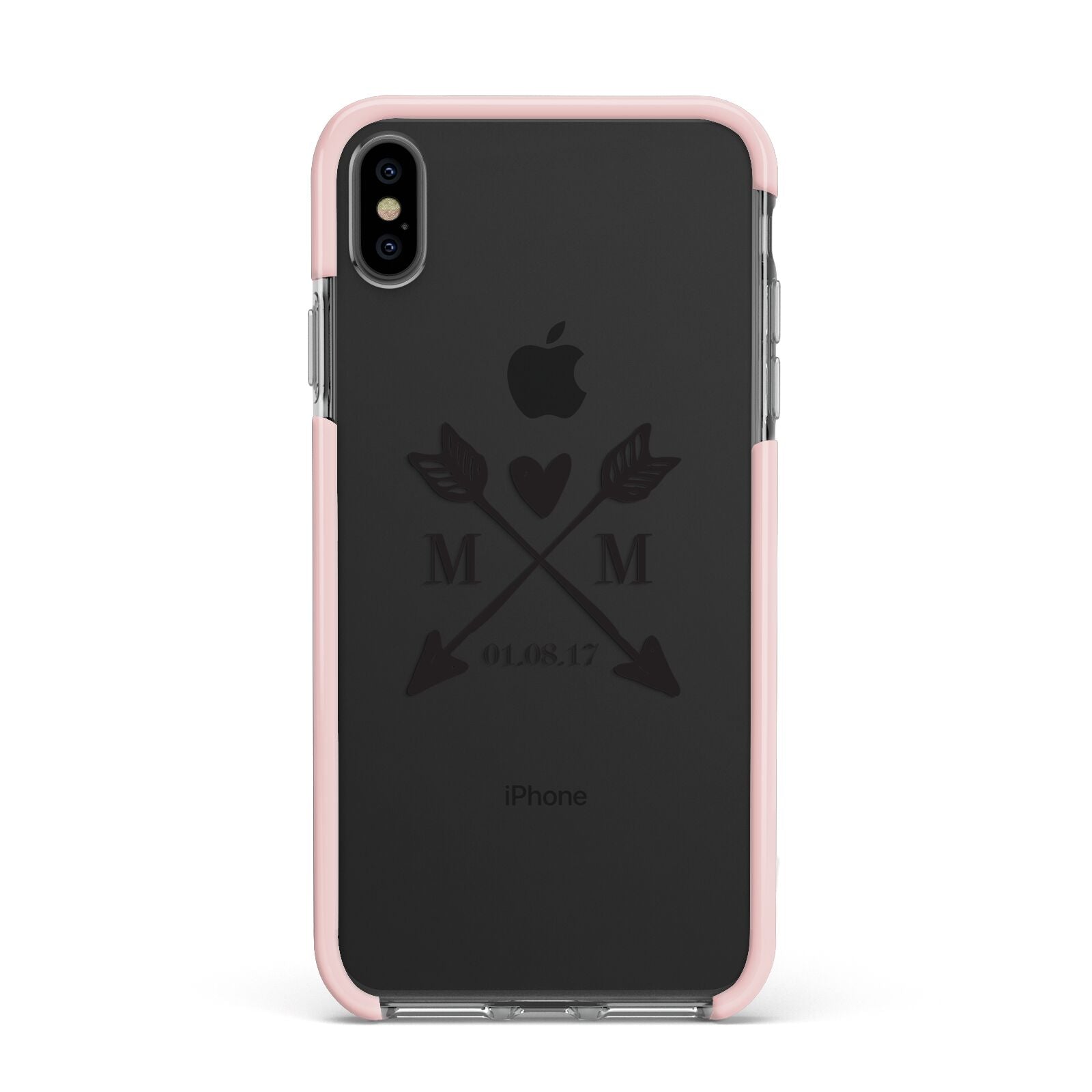 Personalised Black Couples Date Initials Clear Apple iPhone Xs Max Impact Case Pink Edge on Black Phone