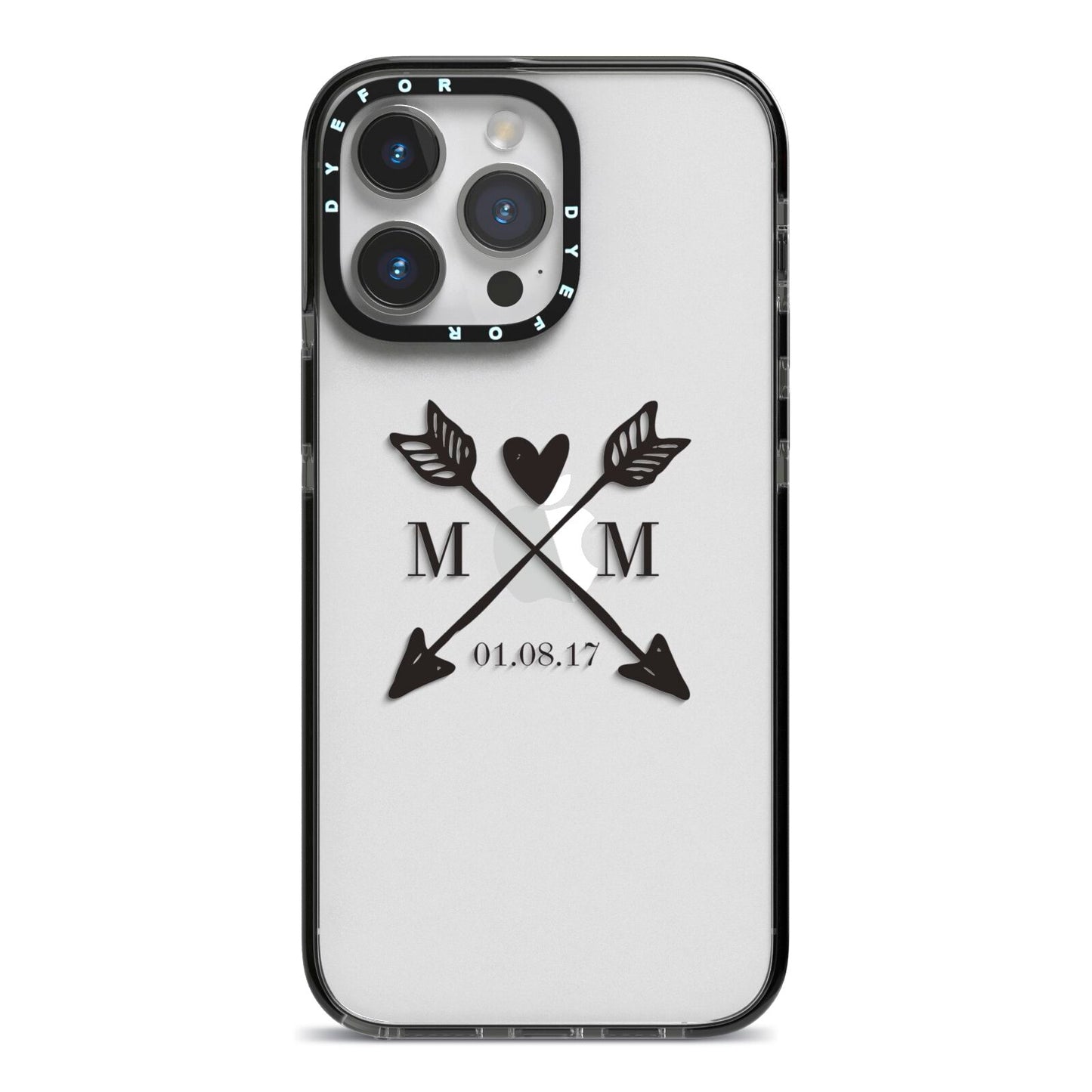 Personalised Black Couples Date Initials Clear iPhone 14 Pro Max Black Impact Case on Silver phone