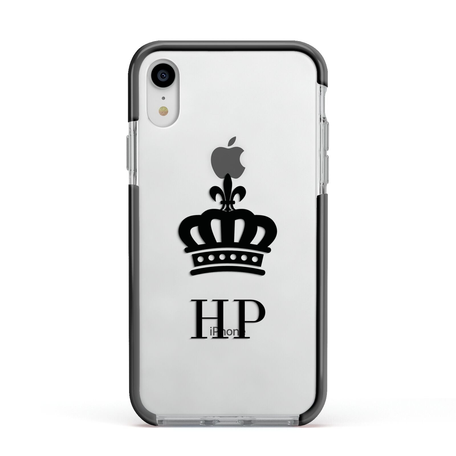 Personalised Black Crown Initials Clear Apple iPhone XR Impact Case Black Edge on Silver Phone