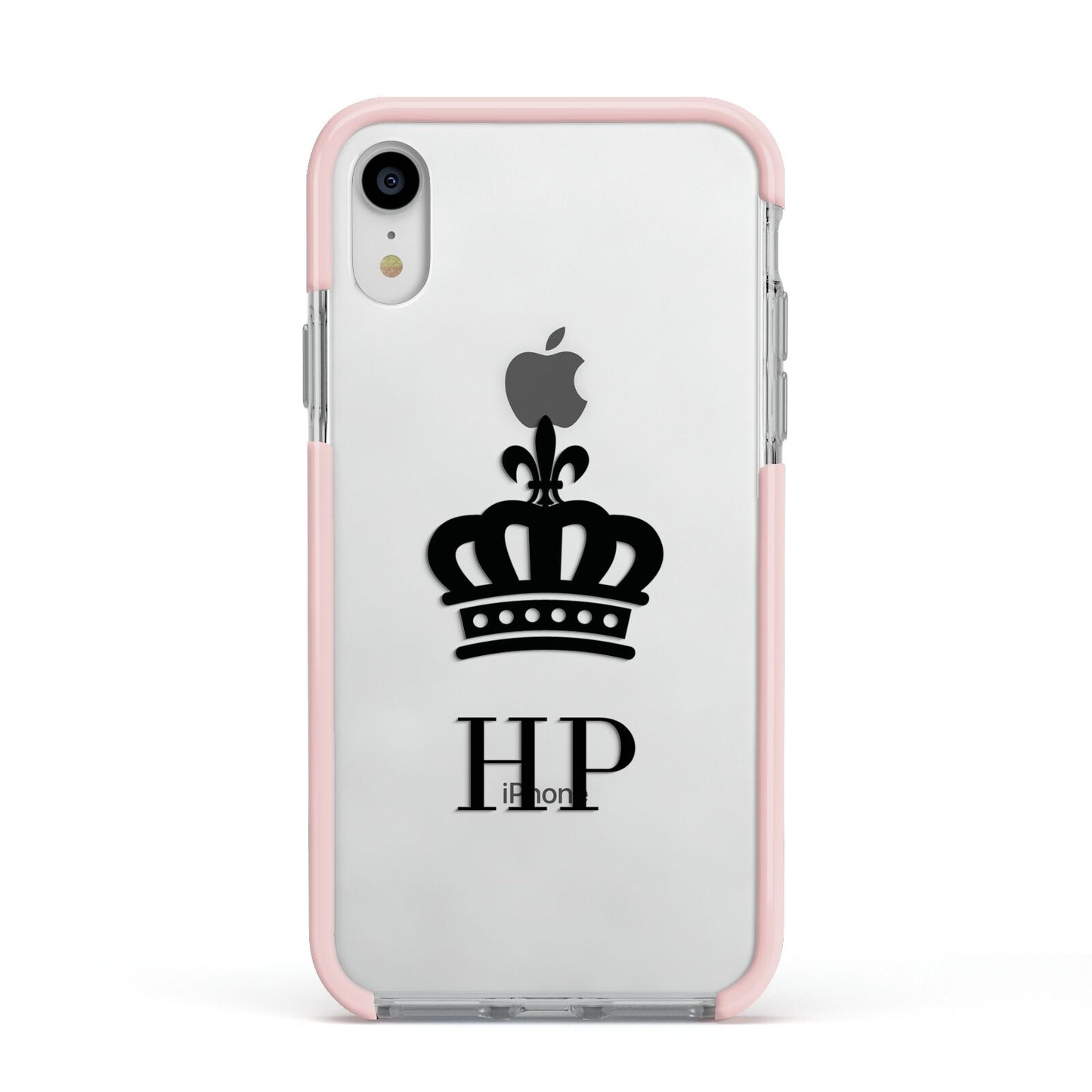 Personalised Black Crown Initials Clear Apple iPhone XR Impact Case Pink Edge on Silver Phone