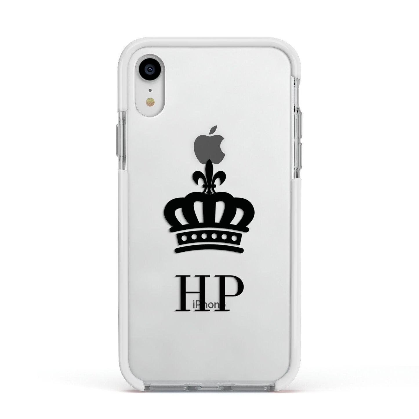 Personalised Black Crown Initials Clear Apple iPhone XR Impact Case White Edge on Silver Phone