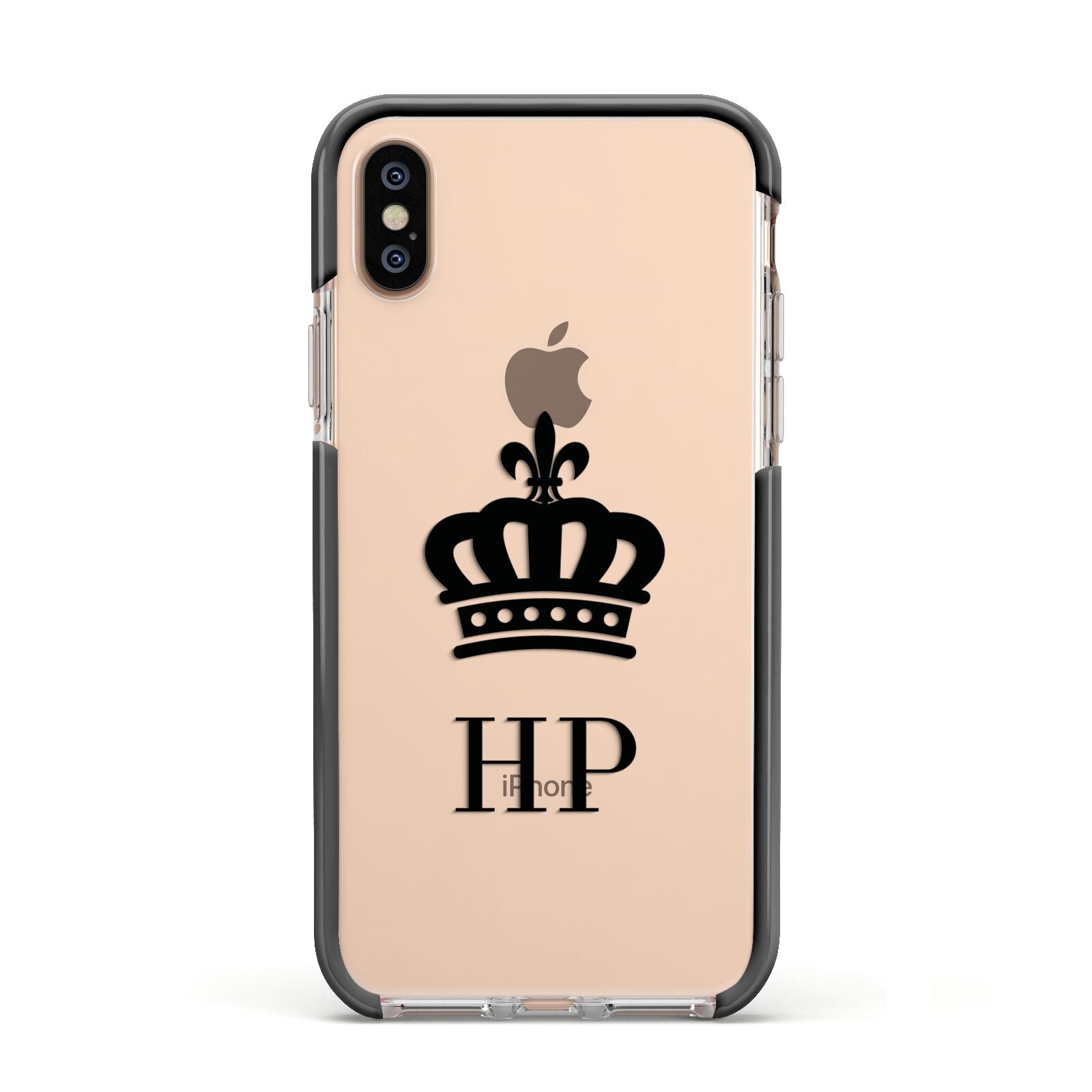 Personalised Black Crown Initials Clear Apple iPhone Xs Impact Case Black Edge on Gold Phone