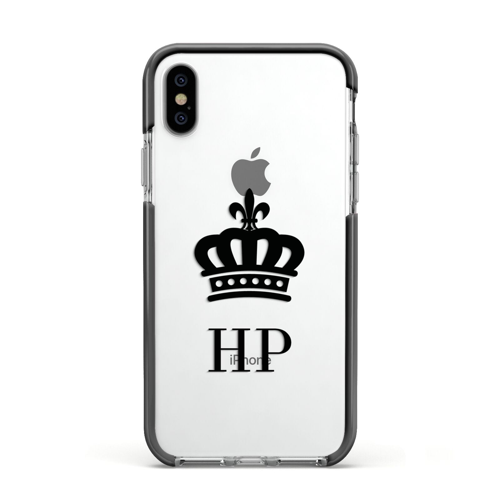 Personalised Black Crown Initials Clear Apple iPhone Xs Impact Case Black Edge on Silver Phone